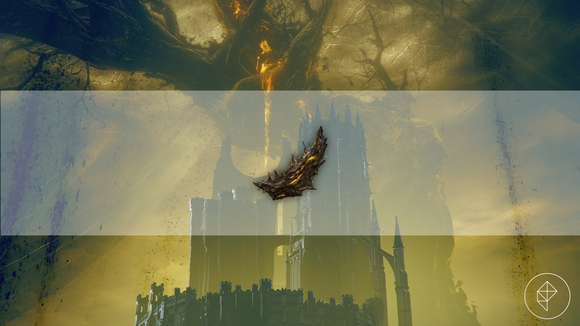 A scadutree fragment, a piece of wood, overlayed on top of an opaque white banner, the Shadow Keep, and the shadow erdtree in Elden Ring’s DLC Shadow of the Erdtree.