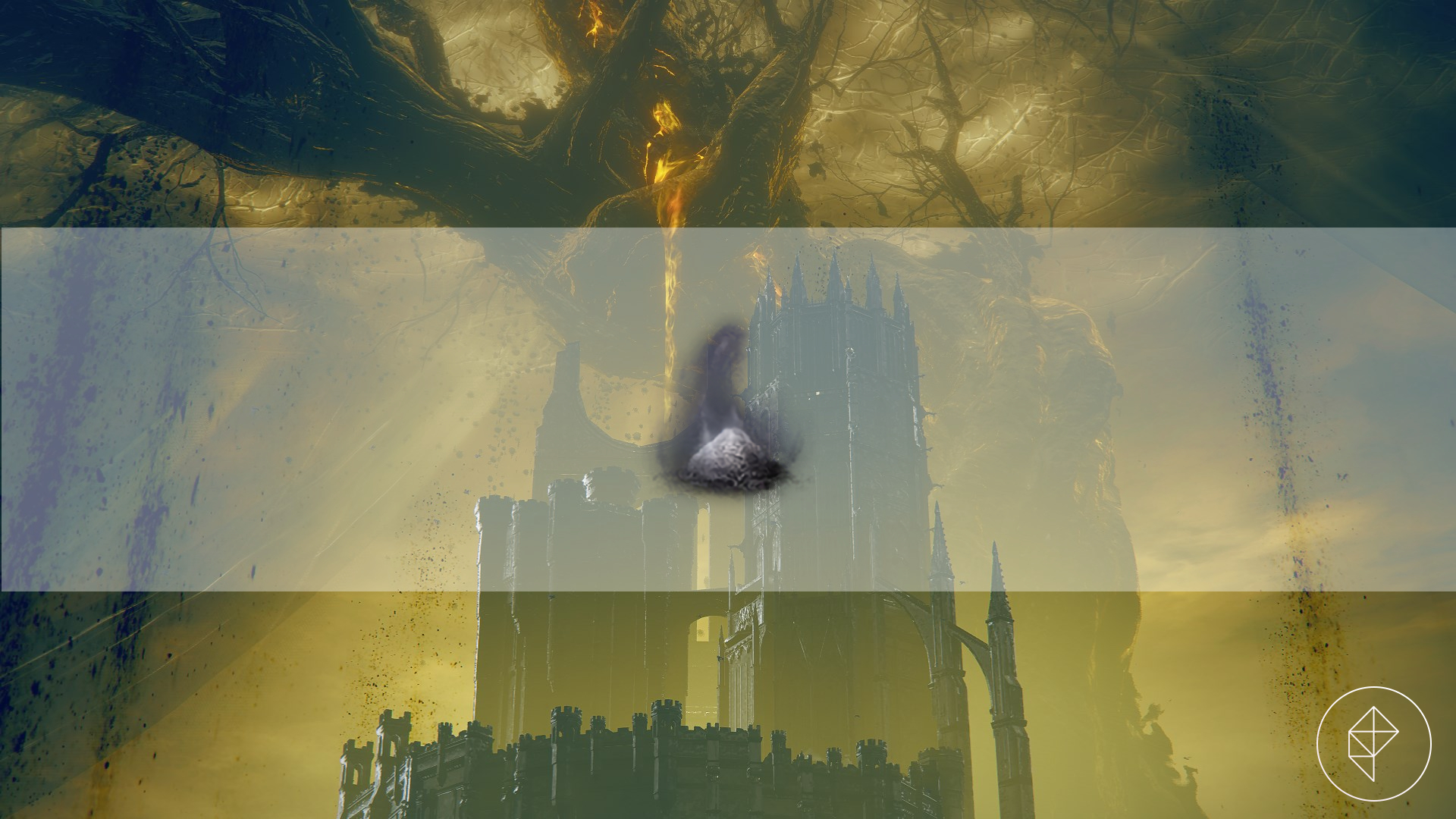 Revered Spirit Ash, a gray pile of dust with a smoke trail, layered on top of an opaque white banner and the Shadow Erdtree from Elden Ring’s DLC Shadow of the Erdtree.