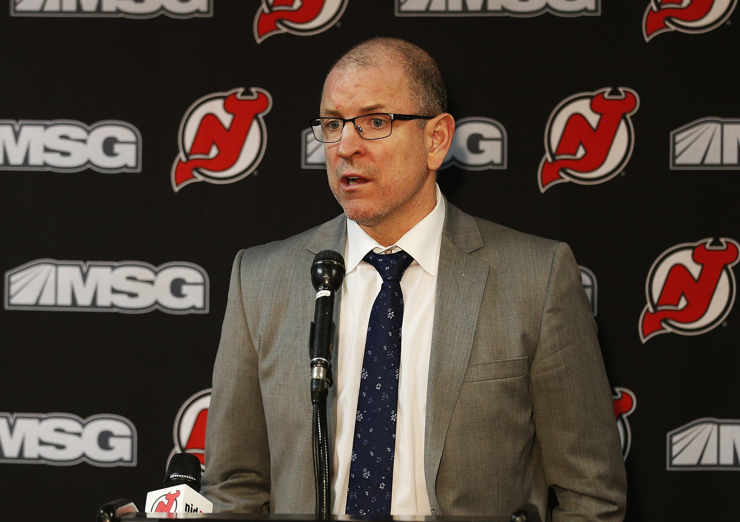 New Jersey Devils Interim general manager Tom Fitzgerald addresses the media after the Devils traded Blake Coleman prior to the game against the Columbus Blue Jackets at the Prudential Center on February 16, 2020 in Newark, New Jersey.
