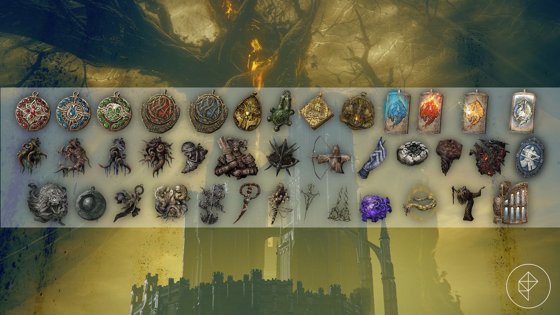 Every talisman from the Elden Ring DLC, Shadow of the Erdtree, overlayed on top of the Scadutree.