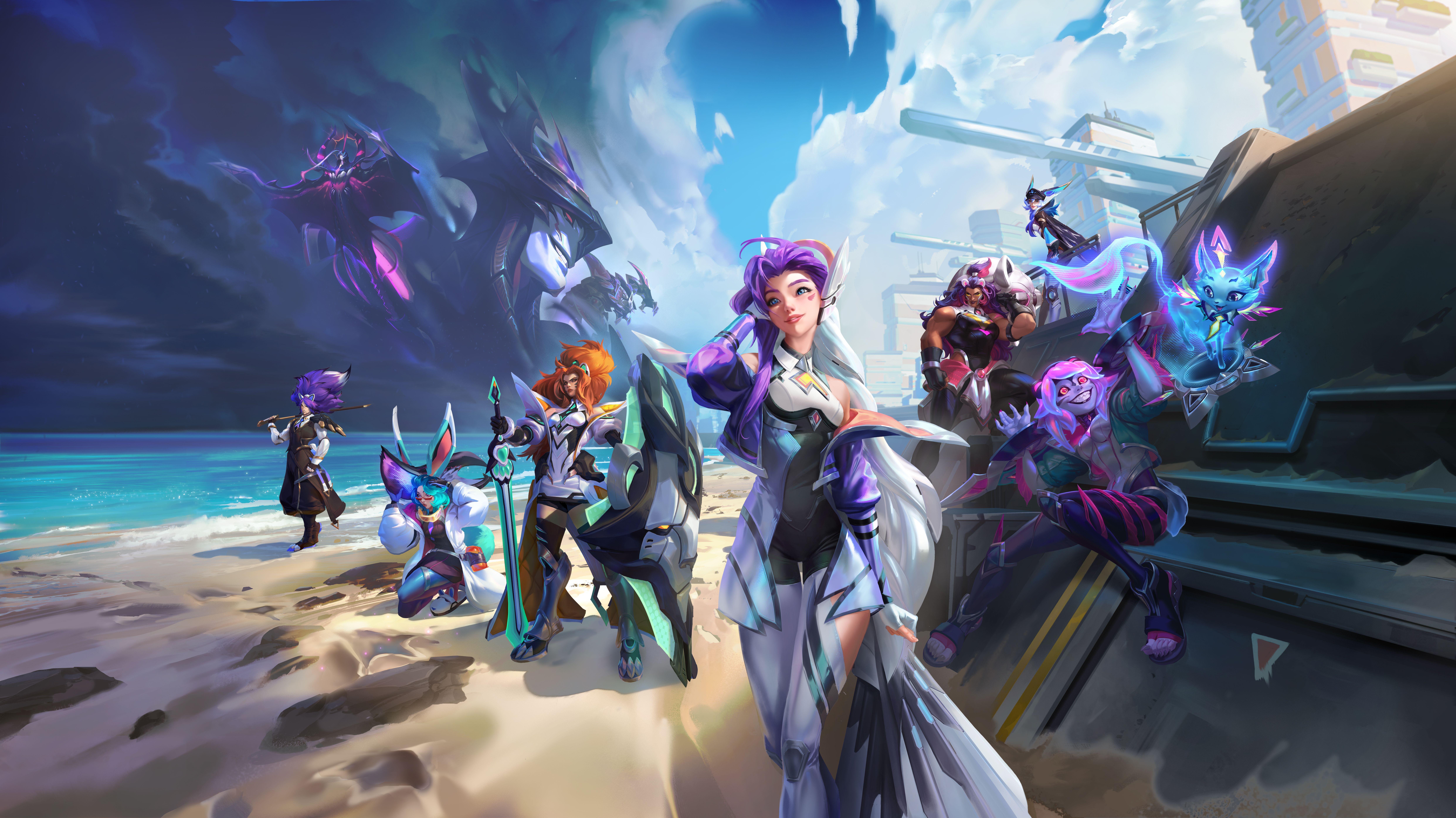 Key art for Anima Squad 2024 in League of Legends, showing Seraphine, Illaoi, Yuumi, Aurora, Briar, Xayah, Yasuo and Leona standing on a beach. In the distance, the Primordials threaten, with an ominous cloud in the shape of Primordial Aatrox approaching