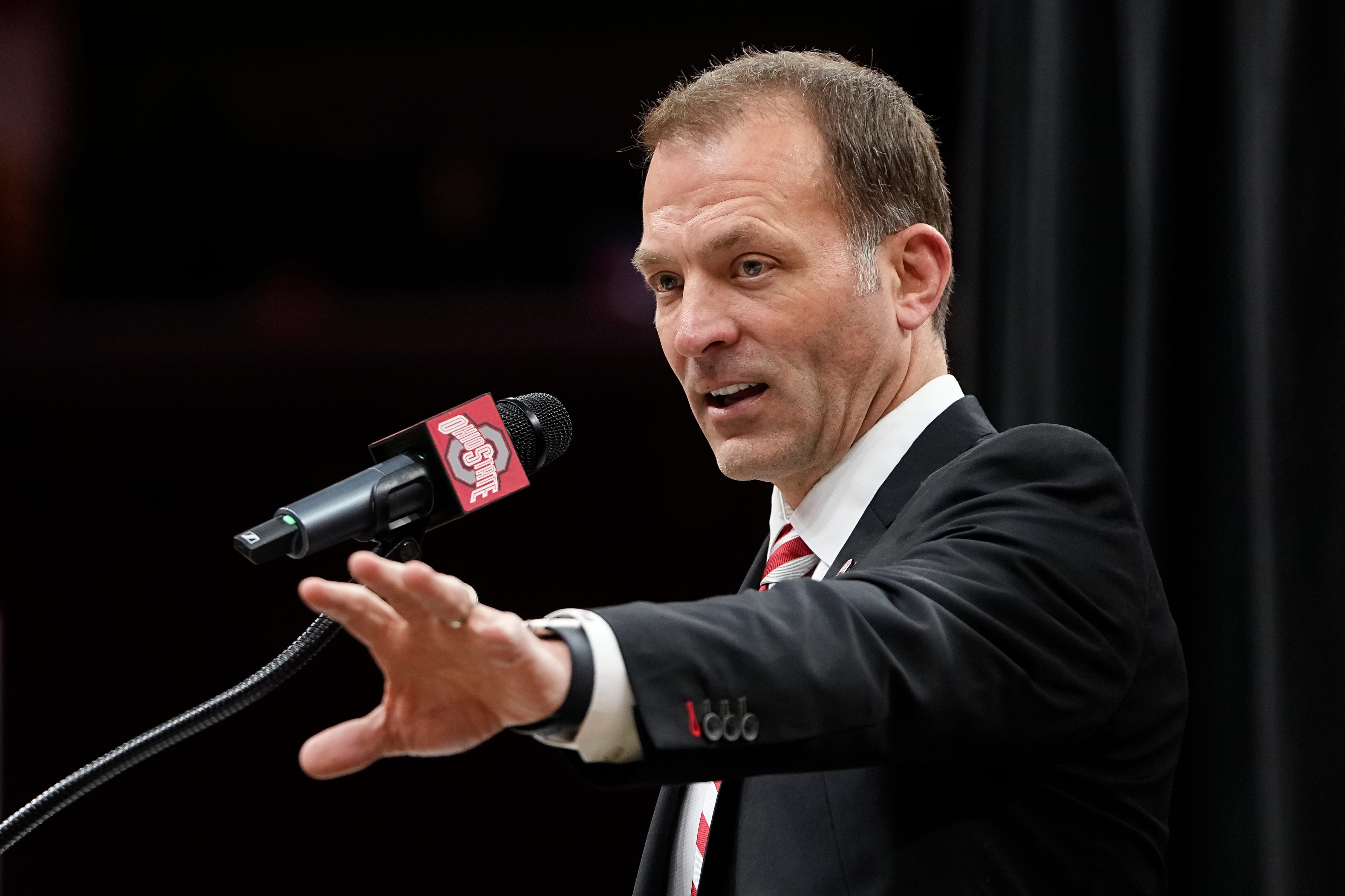 Ohio State s incoming athletic director Ross Bjork speaks during the introductory press conference for basketball head coach Jake Diebler at Value City Arena.