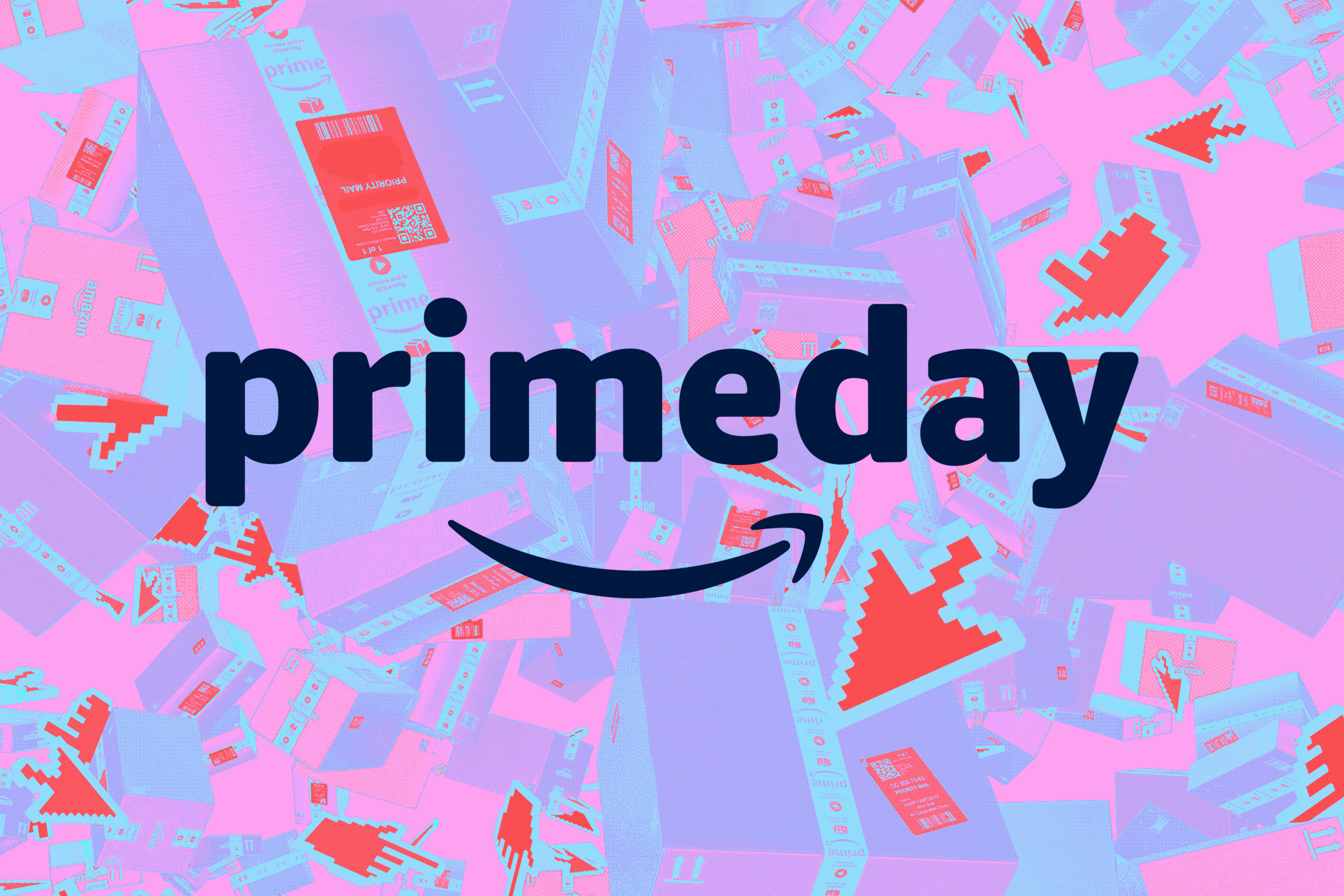 A blue/pink graphic that says “Prime Day” laid over several Amazon shipping boxes.