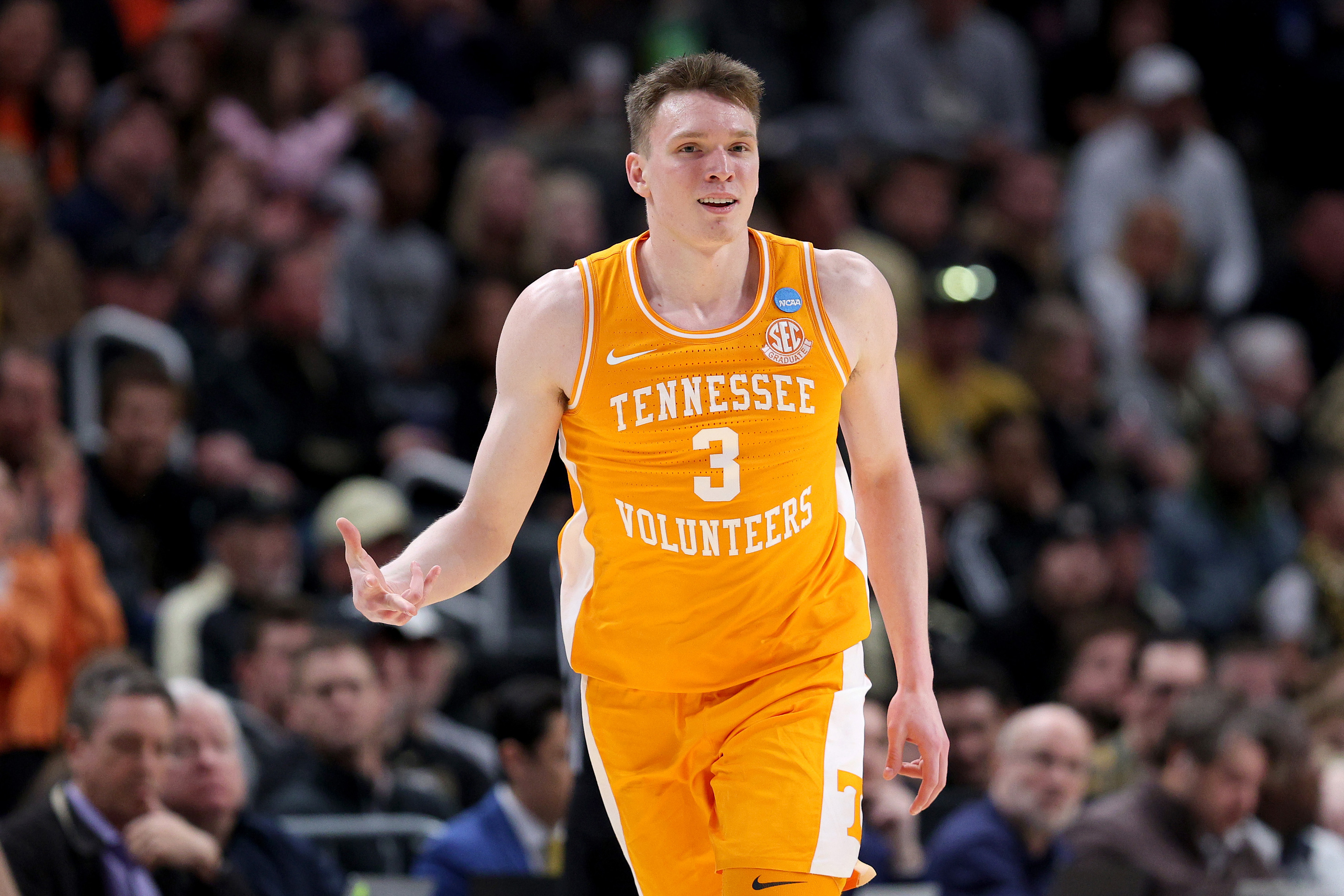 Dalton Knecht #3 of the Tennessee Volunteers celebrates a three point basket against the Purdue Boilermakers during the first half in the Elite 8 round of the NCAA Men’s Basketball Tournament at Little Caesars Arena on March 31, 2024 in Detroit, Michigan.