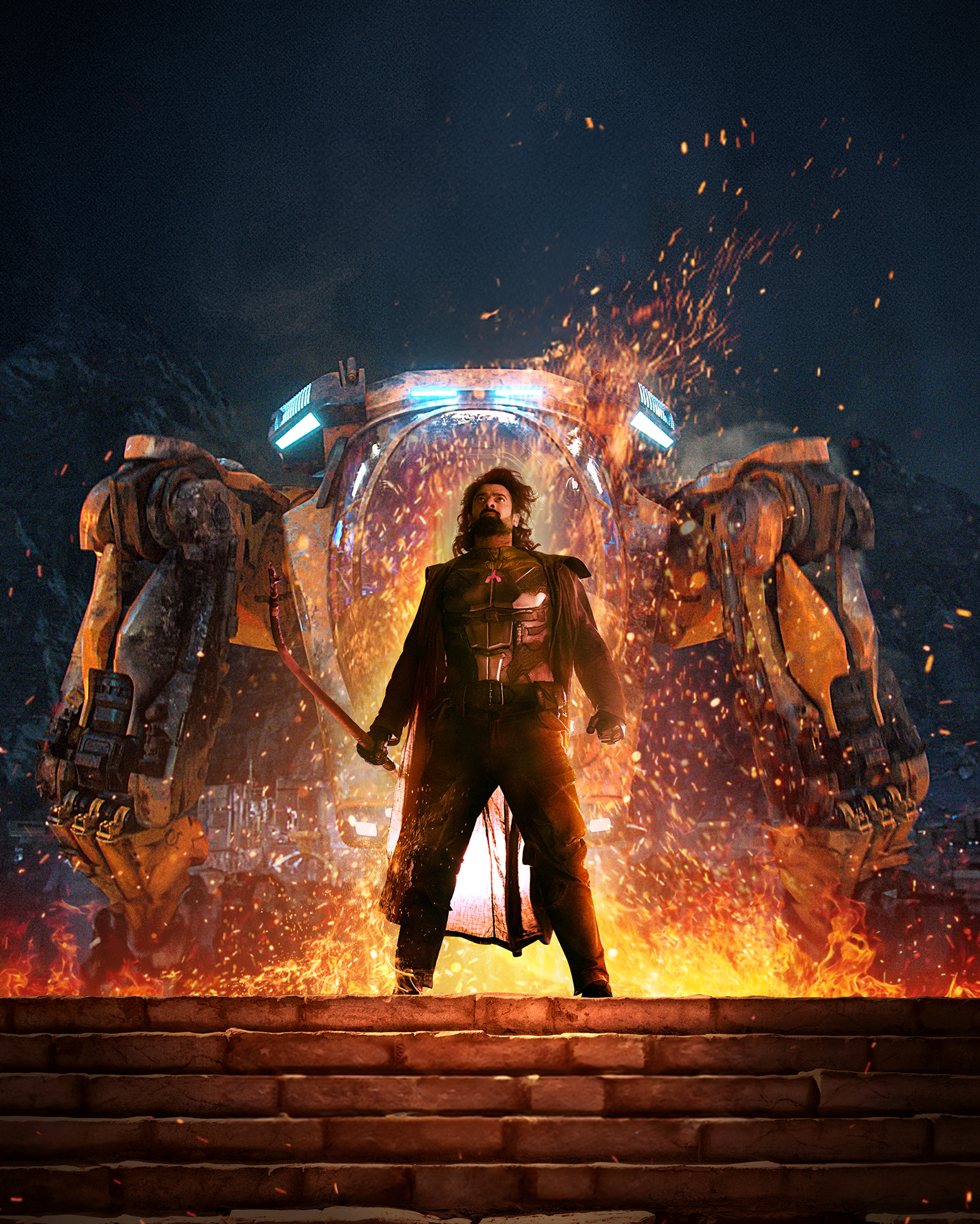 Bounty hunter Bhairava (Prabhas), in a leather outfit and holding a curved sword, stands in front of a squat, wide mech surrounded by sparks in a promo image for the Indian sci-fi blockbuster Kalki 2898 AD