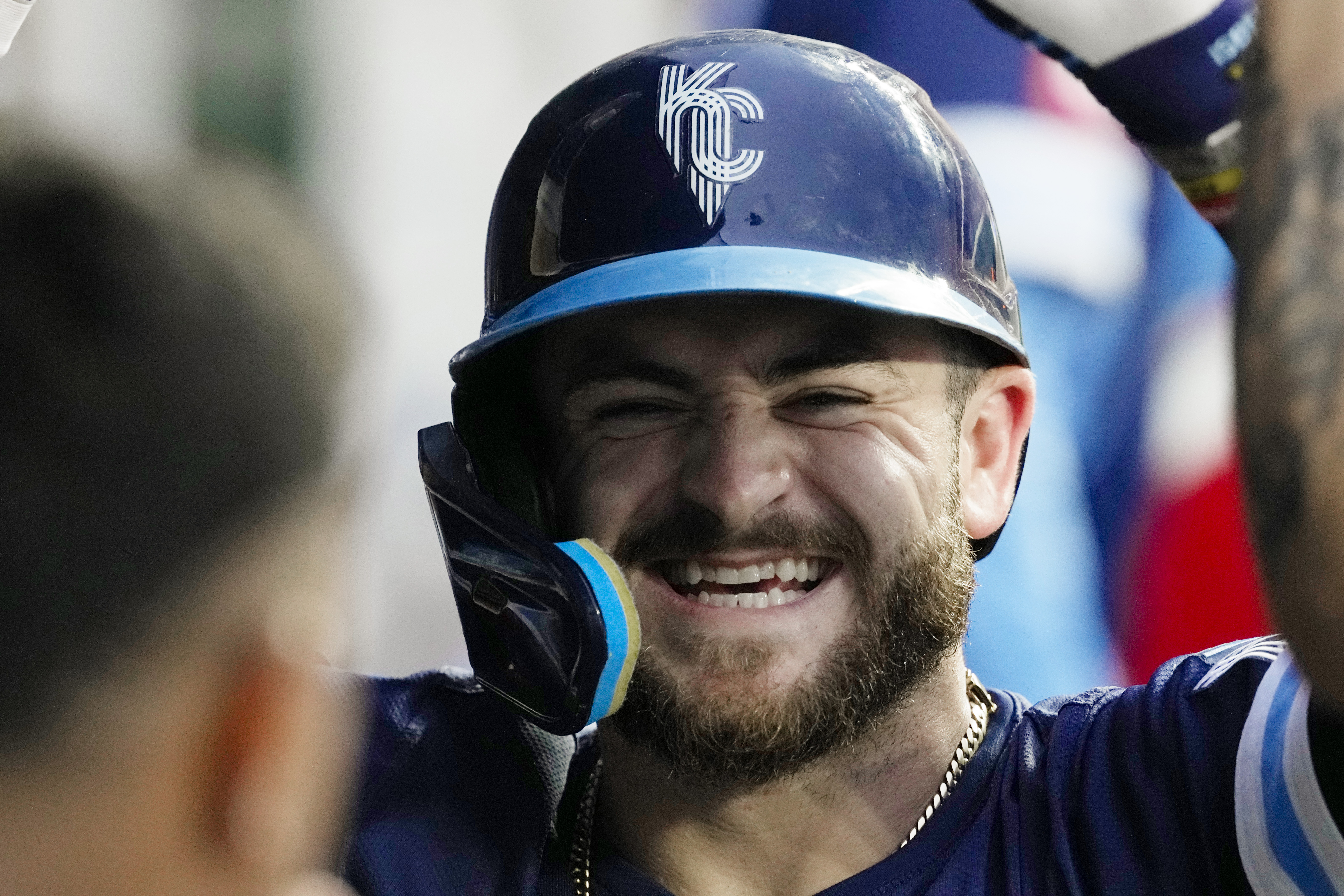 Kyle Isbel #28 of the Kansas City Royals is congratulated by teammates after hitting a home run in the fourth inning against the Cleveland Guardians at Kauffman Stadium on June 28, 2024 in Kansas City, Missouri.