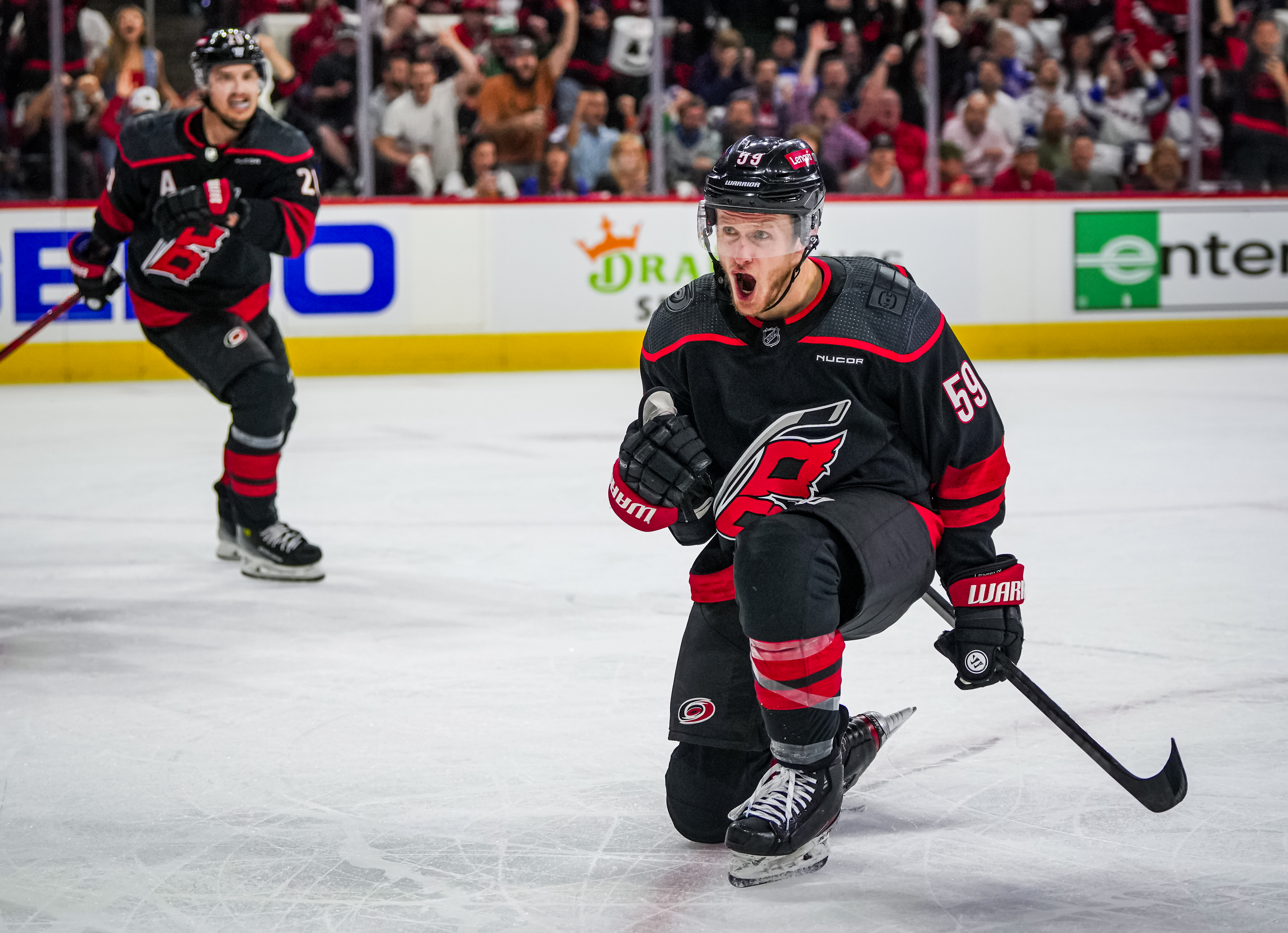 Jake Guentzel of the Carolina Hurricanes celebrates his goal against the New York Rangers during the first period in Game Three of the Second Round of the 2024 Stanley Cup Playoffs at PNC Arena on May 09, 2024 in Raleigh, North Carolina.