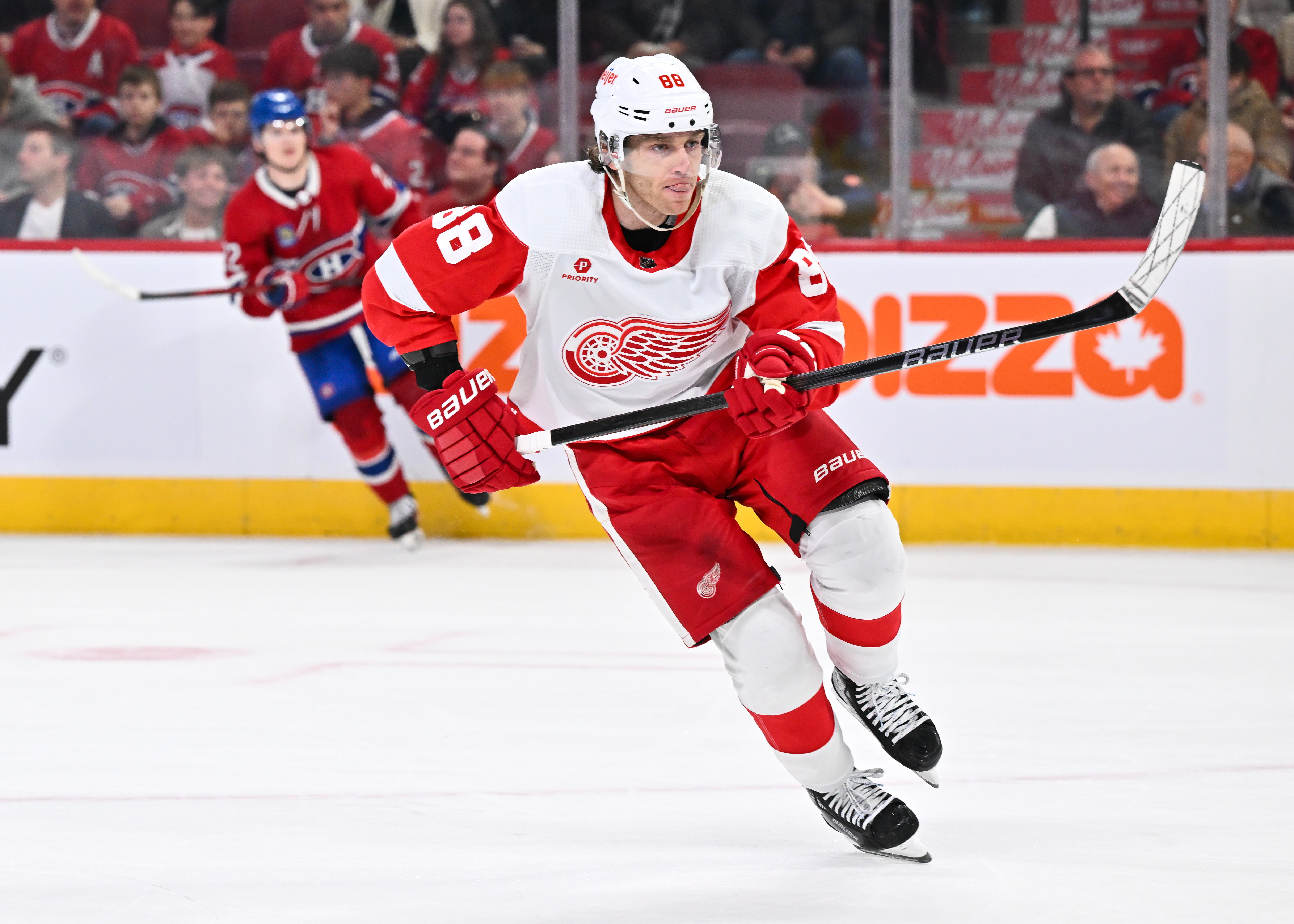 Patrick Kane of the Detroit Red Wings skates during the first period against the Montreal Canadiens at the Bell Centre on April 16, 2024 in Montreal, Quebec, Canada. The Detroit Red Wings defeated the Montreal Canadiens 5-4 in a shootout.