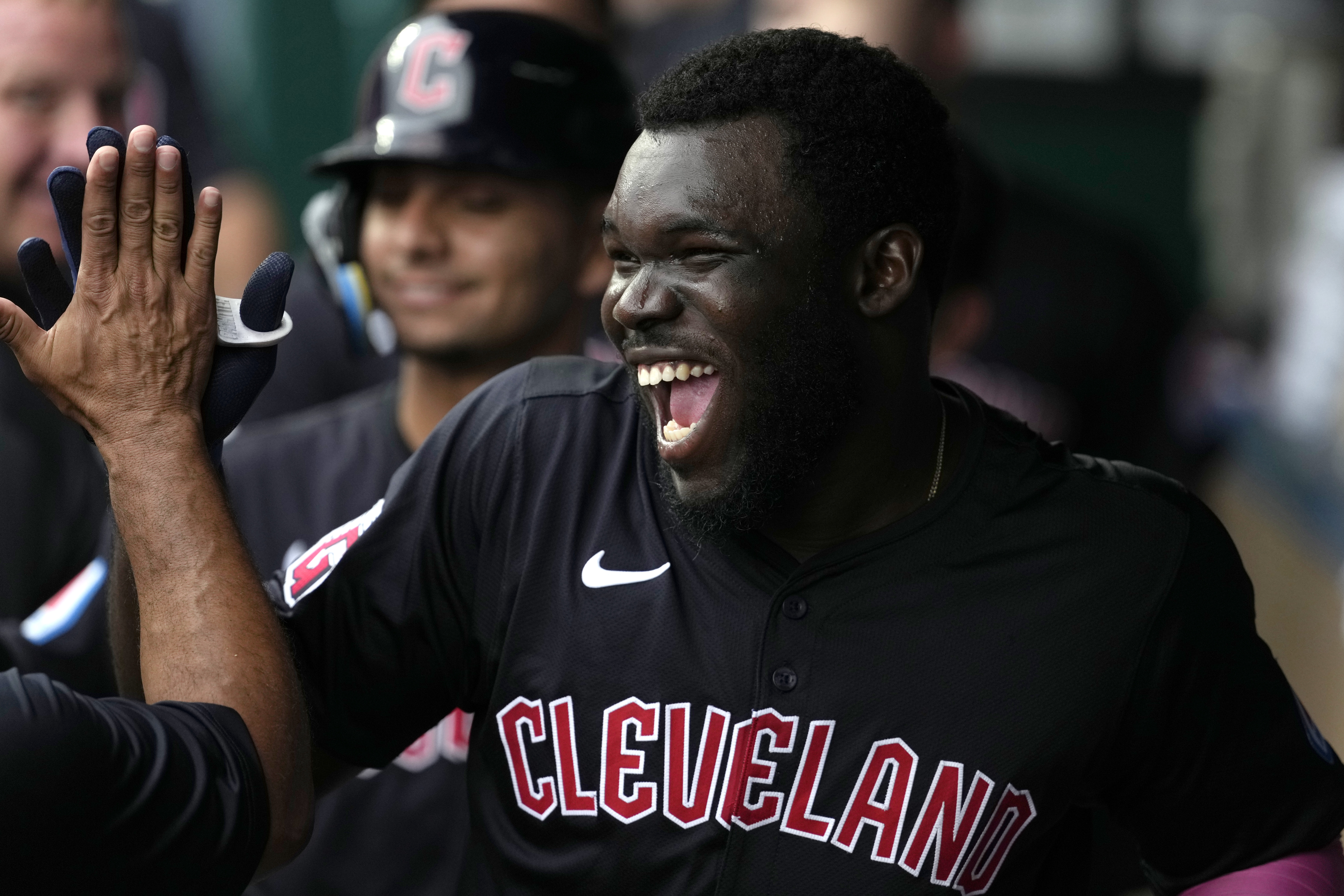 Jhonkensy Noel #43 of the Cleveland Guardians celebrates his two-run home run in the fourthinning against the Kansas City Royals at Kauffman Stadium on June 29, 2024 in Kansas City, Missouri.