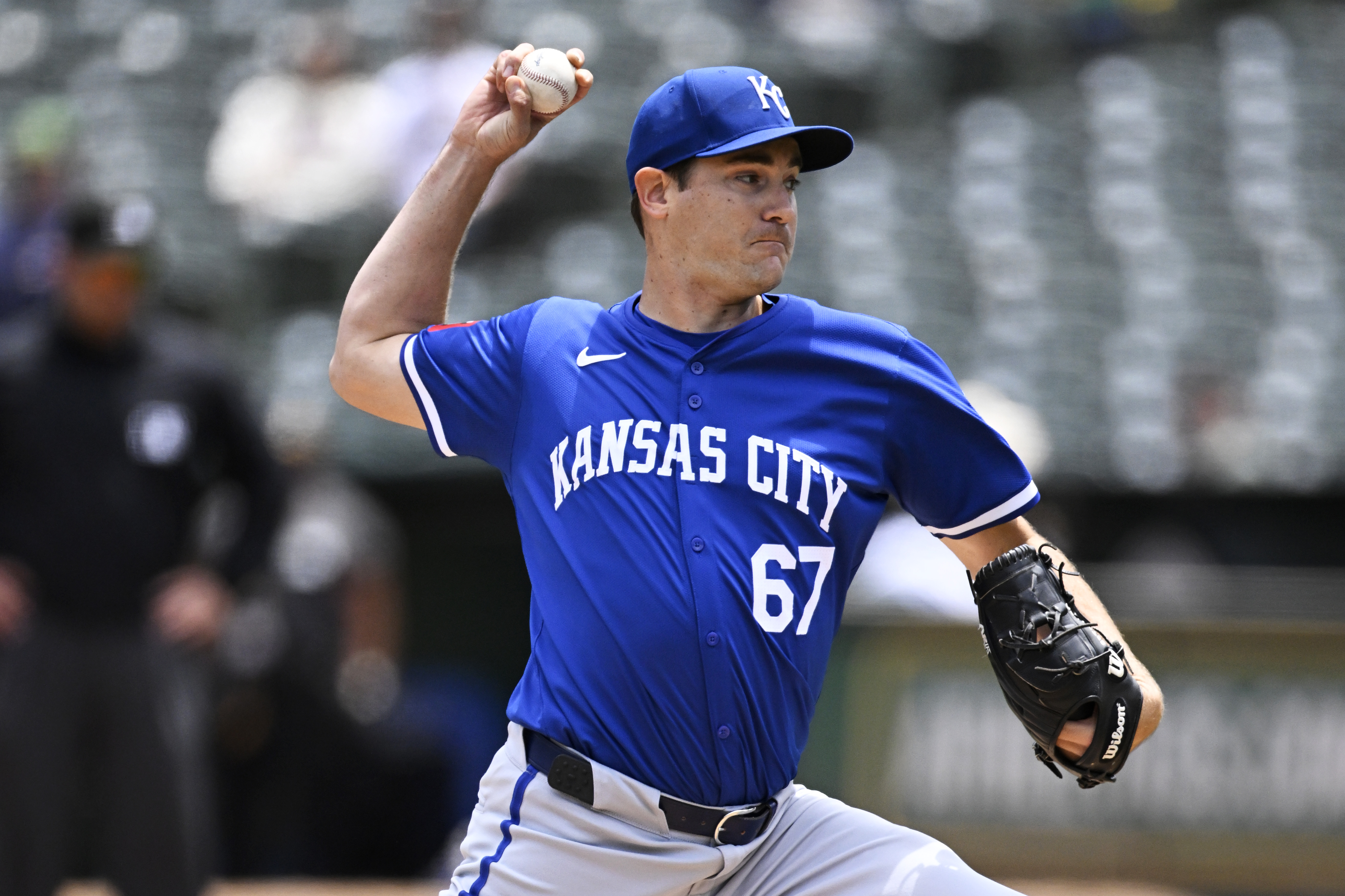 Seth Lugo #67 of the Kansas City Royals pitches against the Oakland Athletics in the third inning at Oakland Coliseum on June 20, 2024 in Oakland, California.