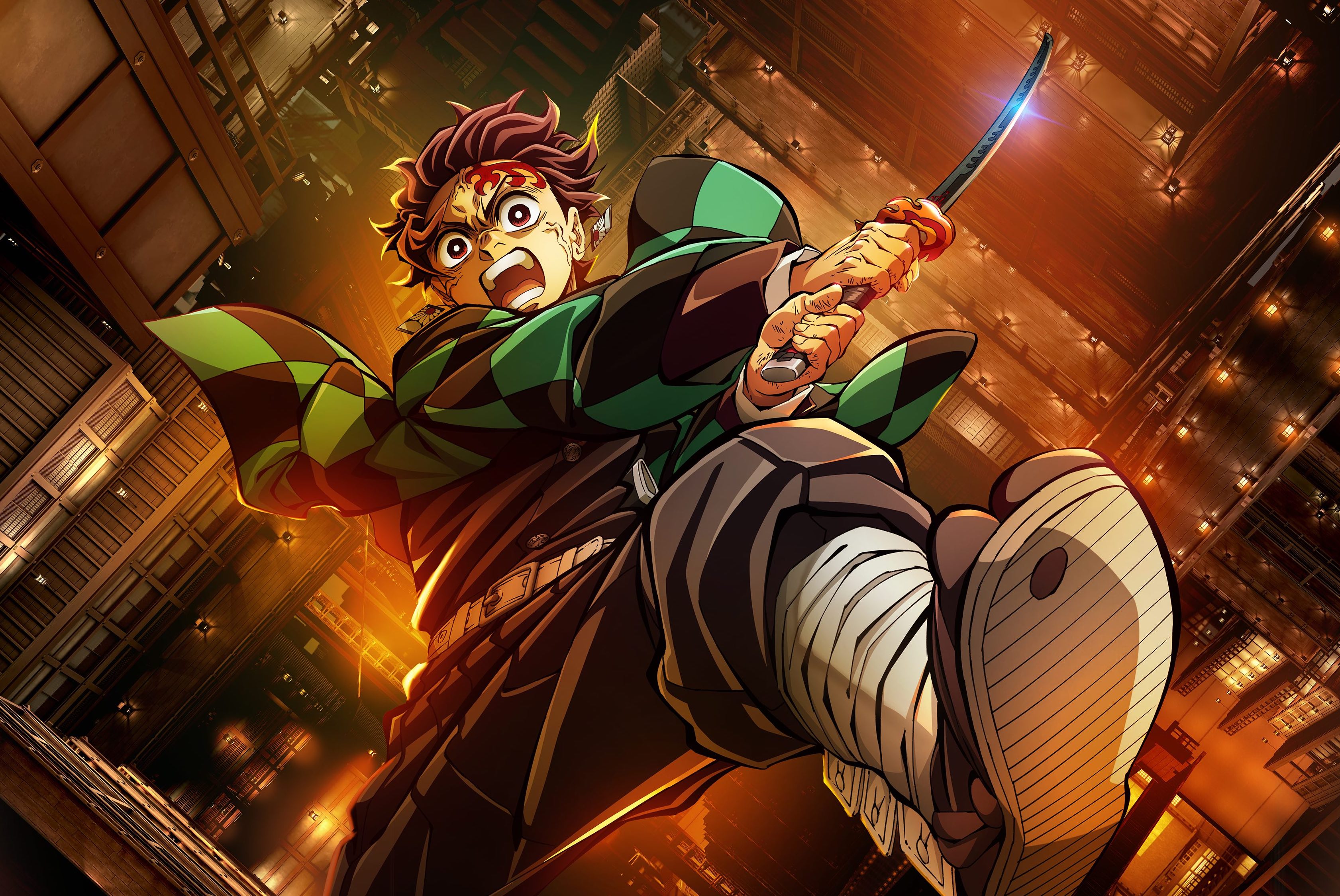 Tanjiro falls while swiping his sword in Demon Slayer: Infinity Castle key art