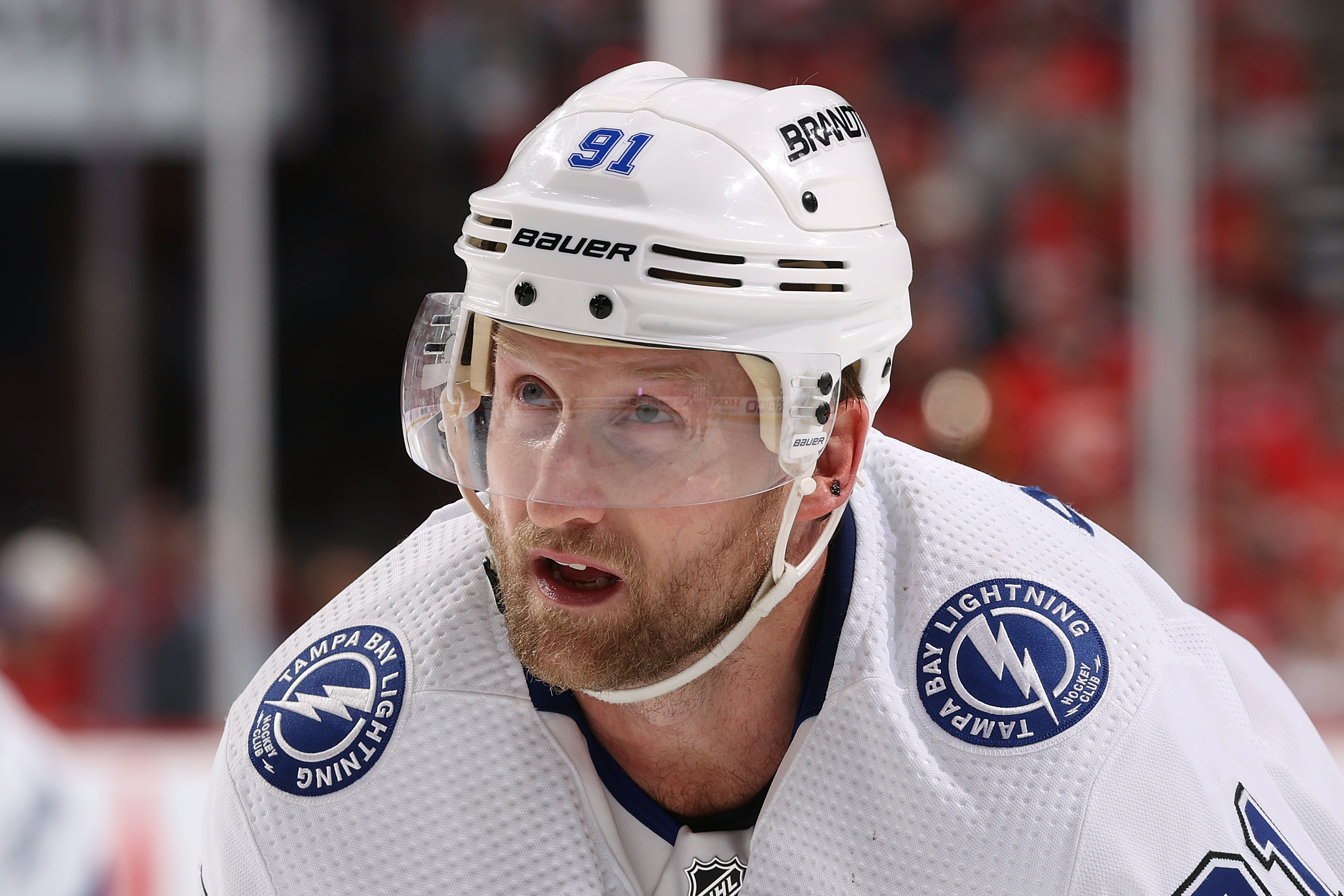 Steven Stamkos of the Tampa Bay Lightning prepares for a face-off against the Florida Panthers in Game Five of the First Round of the 2024 Stanley Cup Playoffs at the Amerant Bank Arena on April 29, 2024 in Sunrise, Florida.