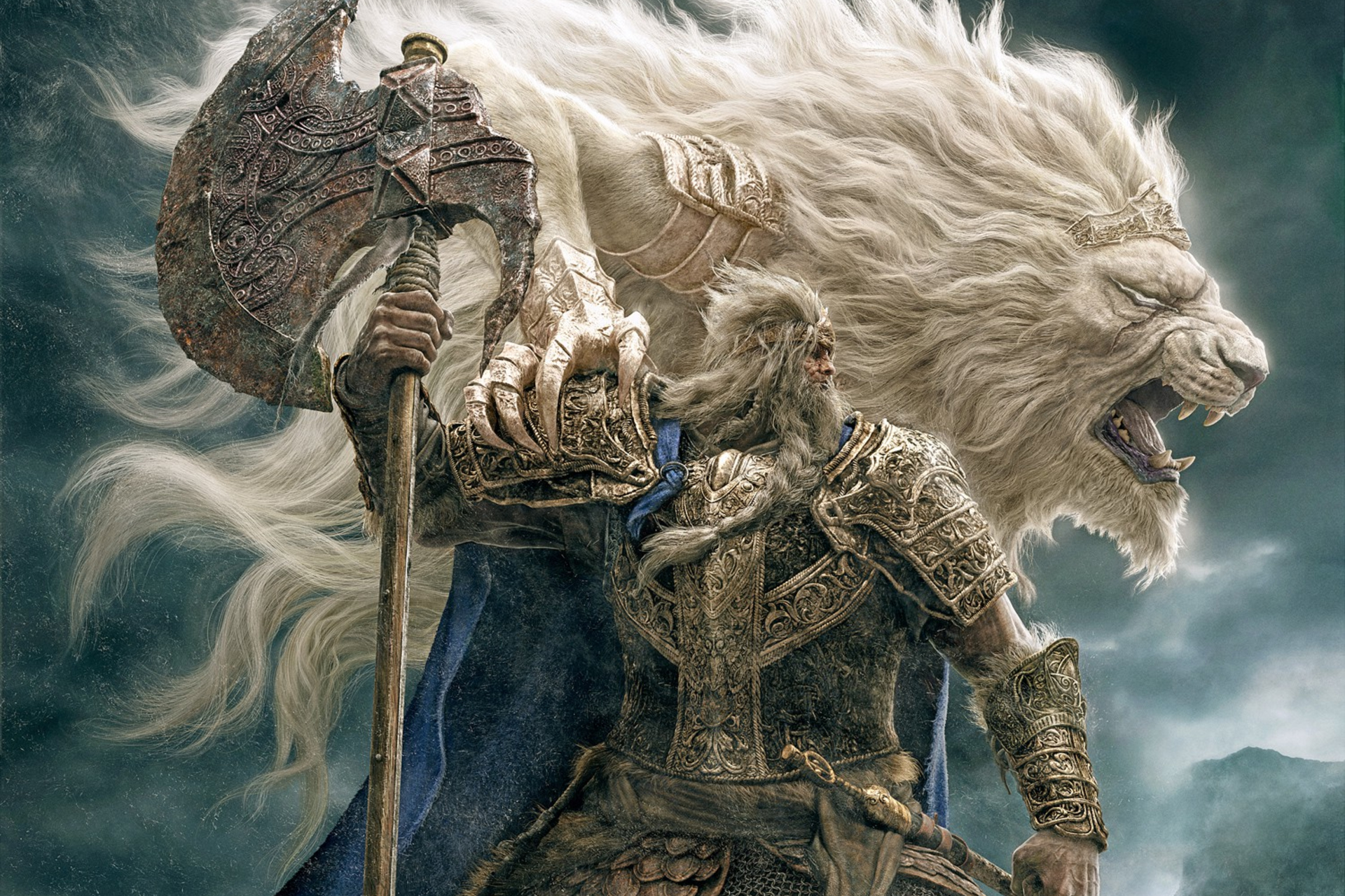 Artwork of Godfrey and his spirit lion from Elden Ring