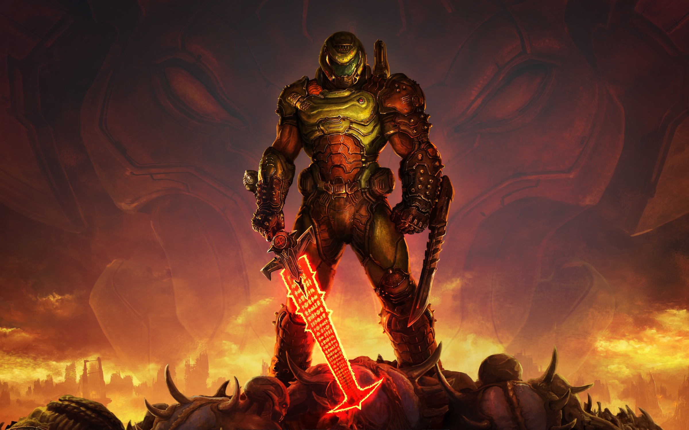 Doomguy stands atop a pile of demon corpses wielding a glowing sword in artwork from Doom Eternal