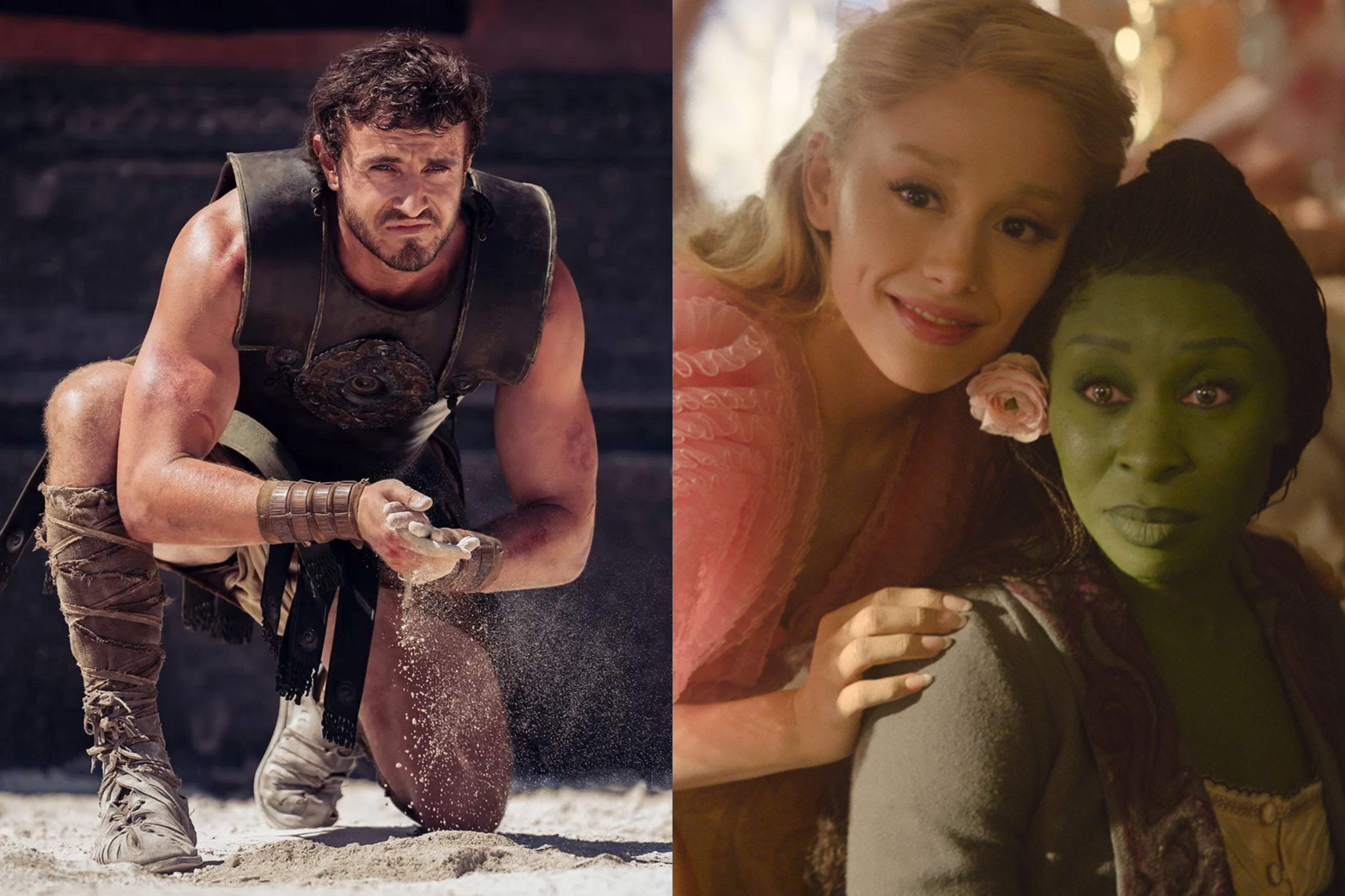 A split image showing Paul Mescal in Gladiator 2 on the left, wearing gladiator armor and rubbing his hands with sand, and Ariana Grande and Cynthia Erivo in Wicked on the Right, dressed as witches; Erivo has green skin