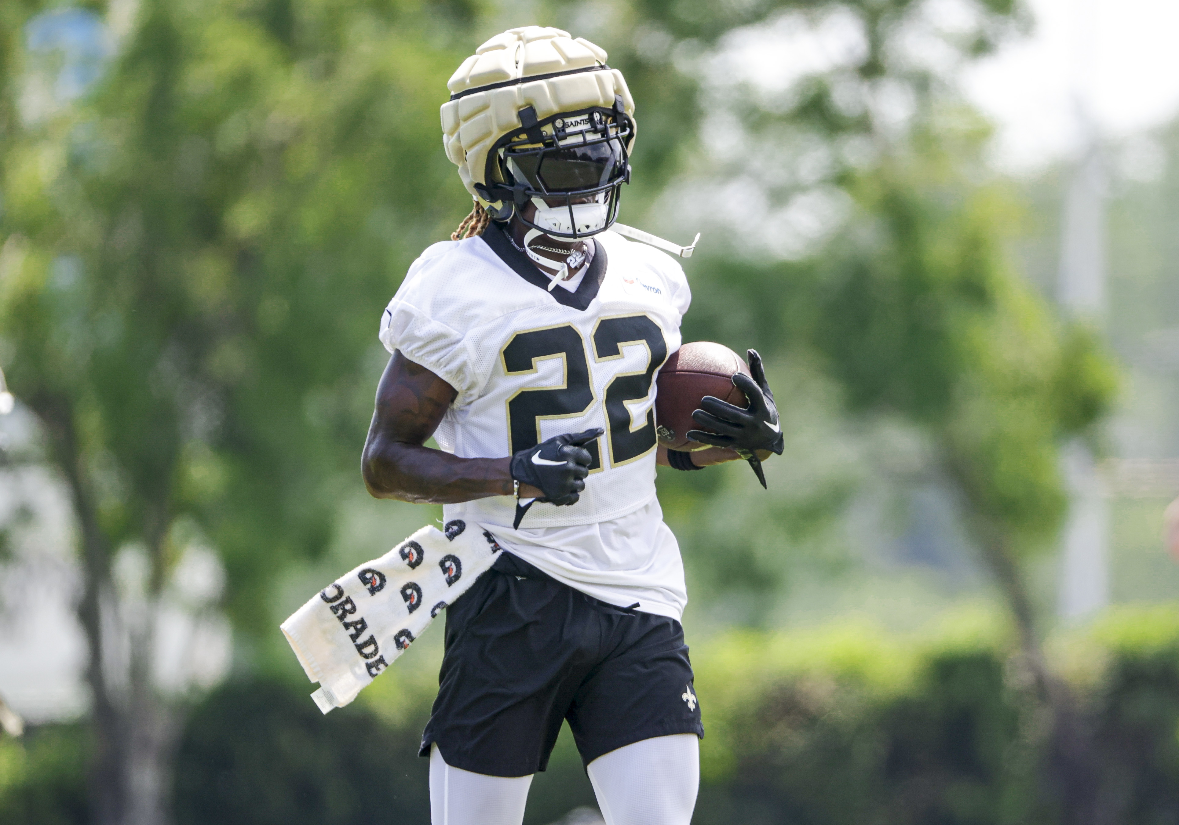 Rashid Shaheed #22 of the New Orleans Saints attends mandatory minicamp at the New Orleans Saints Practice Facility on June 13, 2024 in Metaire, Louisiana.