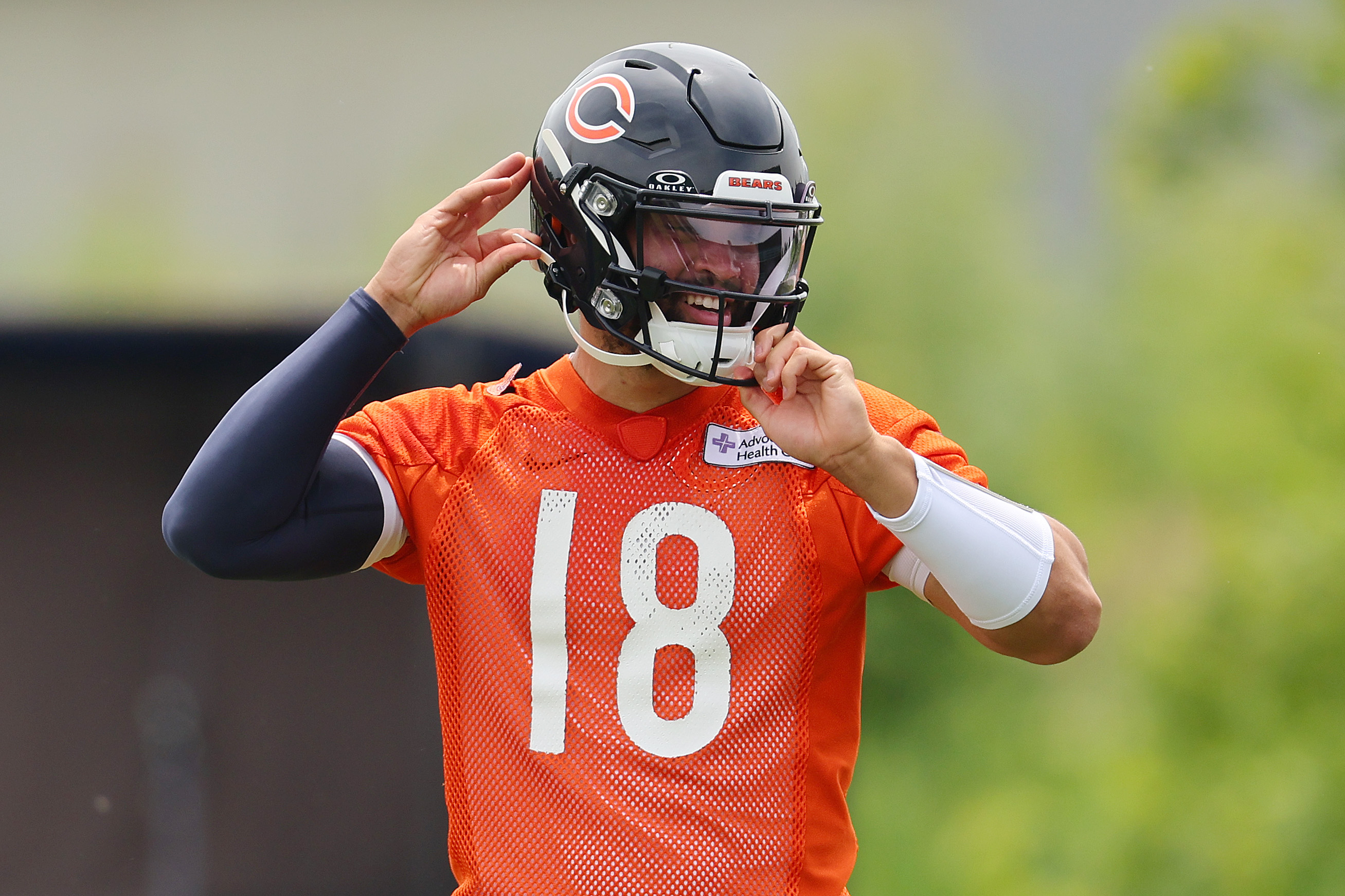 Caleb Williams #18 of the Chicago Bears looks on during Chicago Bears Minicamp at Halas Hall on June 04, 2024 in Lake Forest, Illinois.