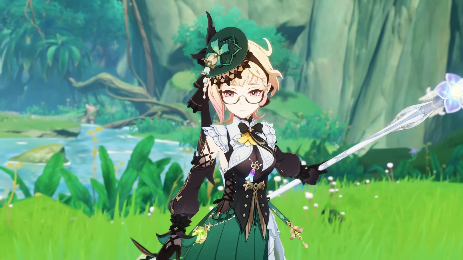 Emelie in Genshin Impact, a short-haired blonde woman wielding a spear