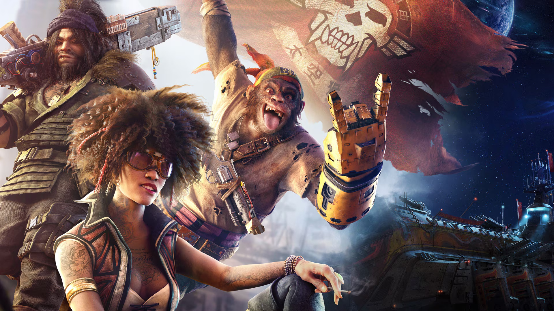 Artwork of the space pirates of Beyond Good and Evil 2, featuring characters Knox and Yashaan next to their pirate flag with the spacecraft The Gada in the background