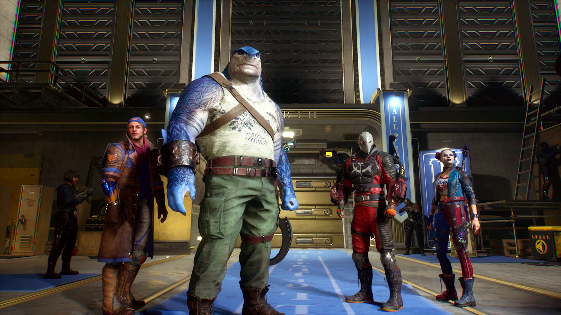 Captain Boomerang, King Shark, Deadshot and Harley Quinn stand outside the Hall of Justice museum in a screenshot from Suicide Squad: Kill the Justice League