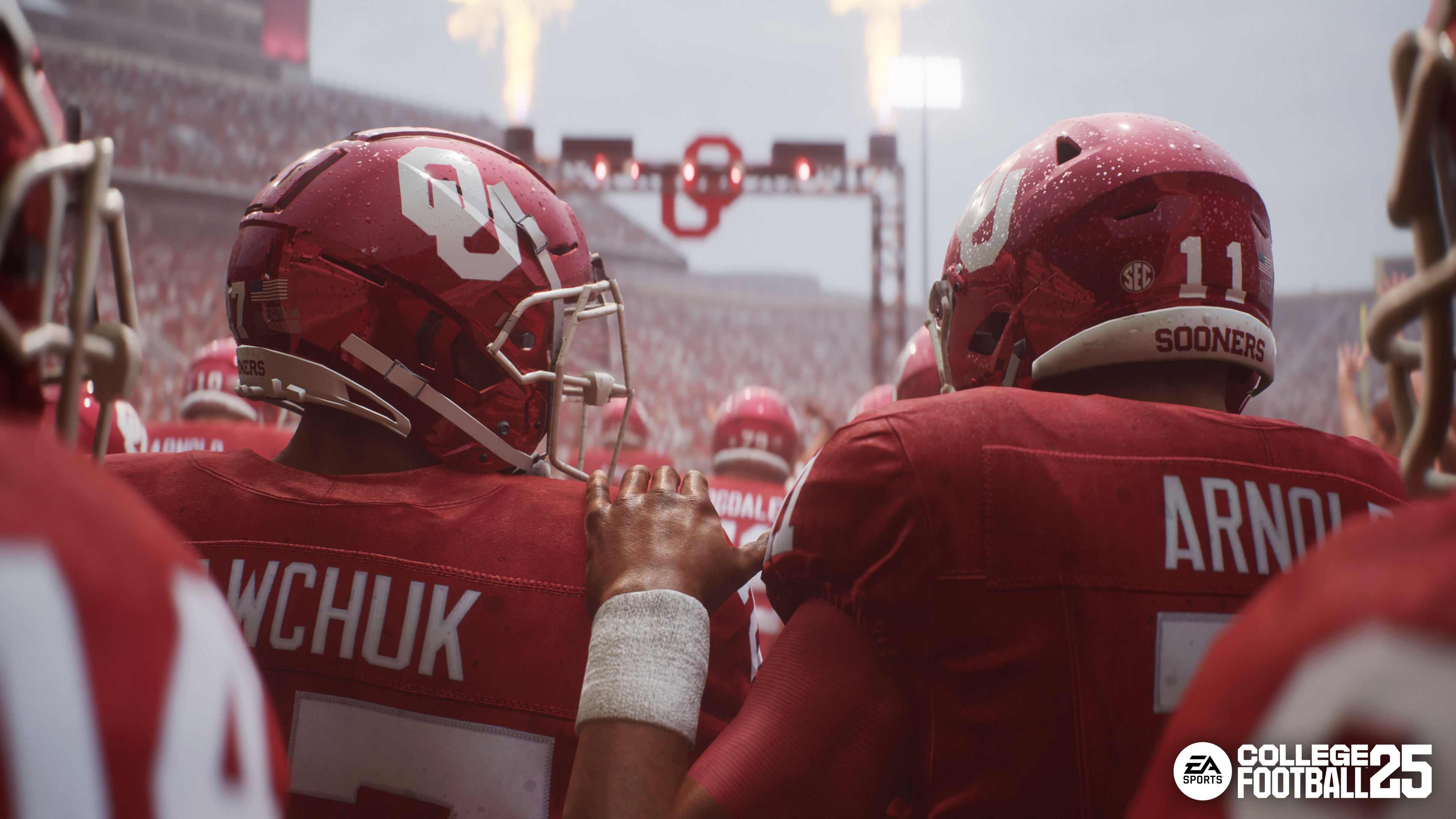 Gavin Sawchuk and Jackson Arnold of the Oklahoma Sooners walk out onto the field at the Palace on the Prairie in a screenshot from EA Sports College Football 25