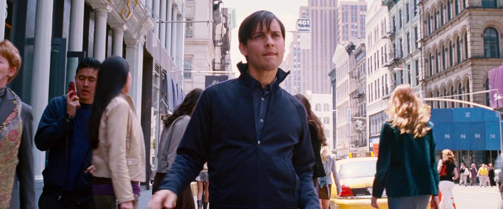 Emo Peter Parker (Tobey Maguire) dances down the street in Spider-Man 3