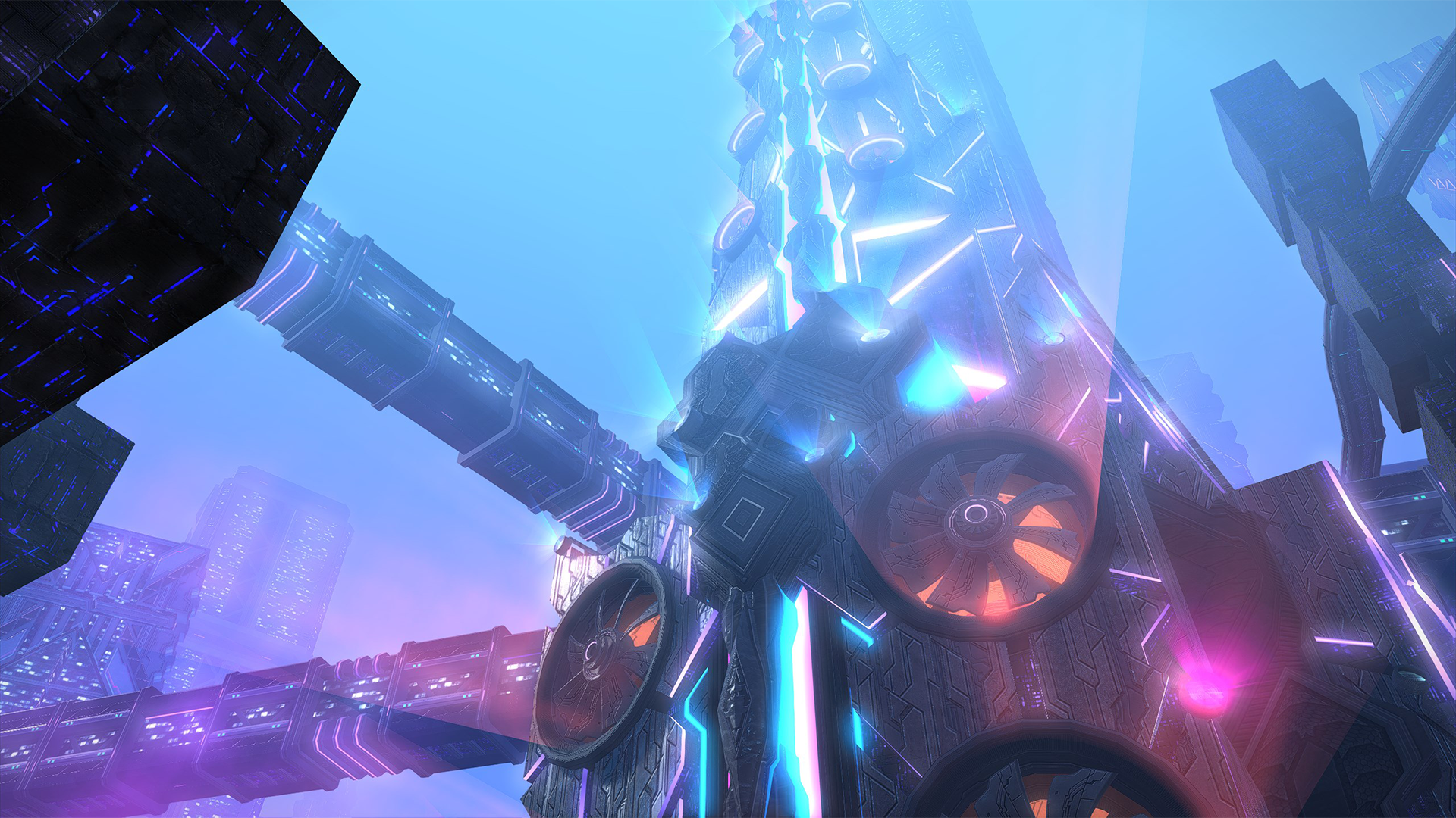 The Arcadion in FFXIV, which looks like a giant GPU with RGB fans, but as a tower