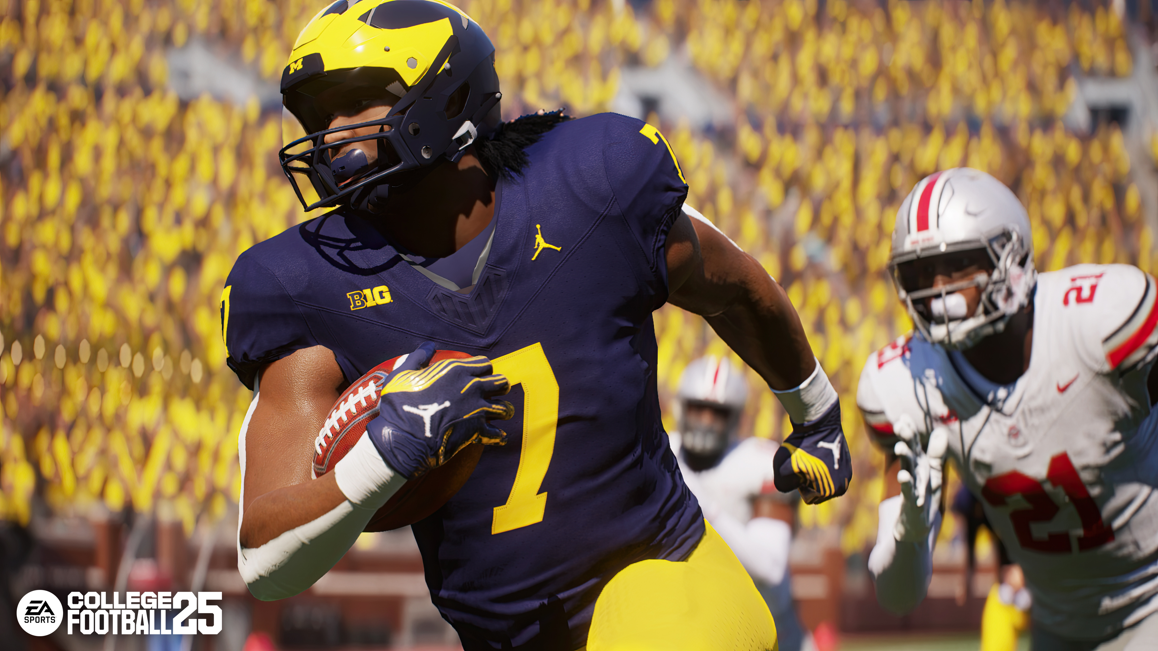 Donovan Edwards of the Michigan Wolverines carries the ball in a screenshot from EA Sports College Football 25