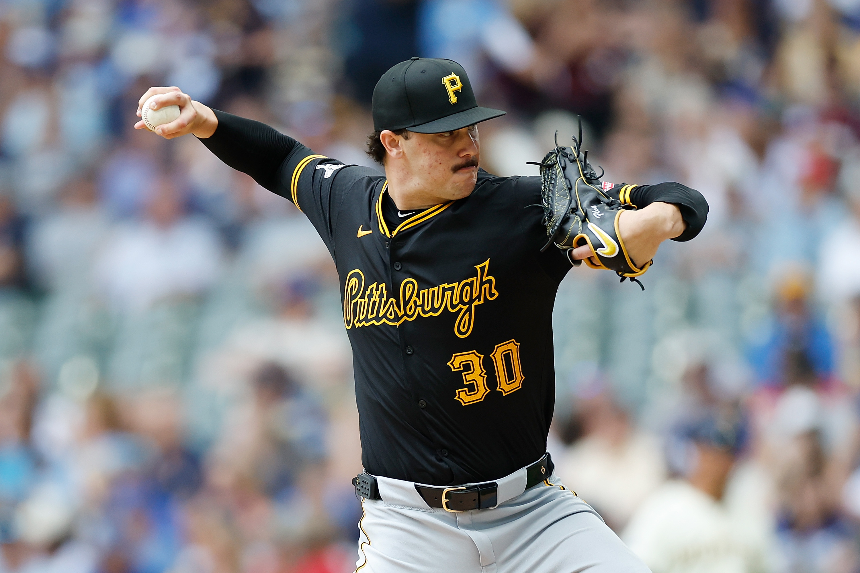 Paul Skenes #30 of the Pittsburgh Pirates throws a pitch in the first inning \amb at American Family Field on July 11, 2024 in Milwaukee, Wisconsin.