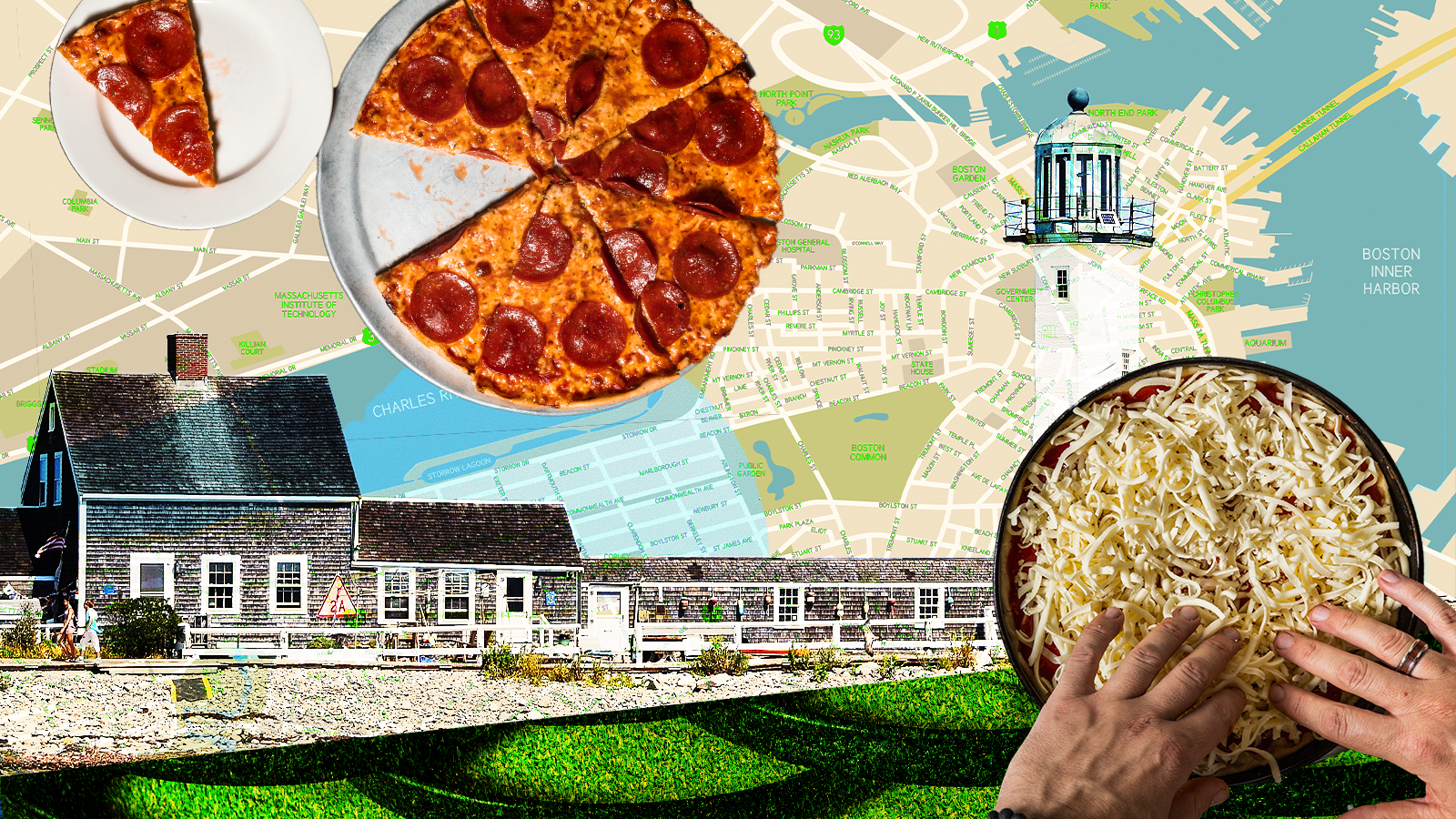 Photo collage showing two pizzas, one cooked and one in the process of being made, over a photograph of a beach with a lighthouse.