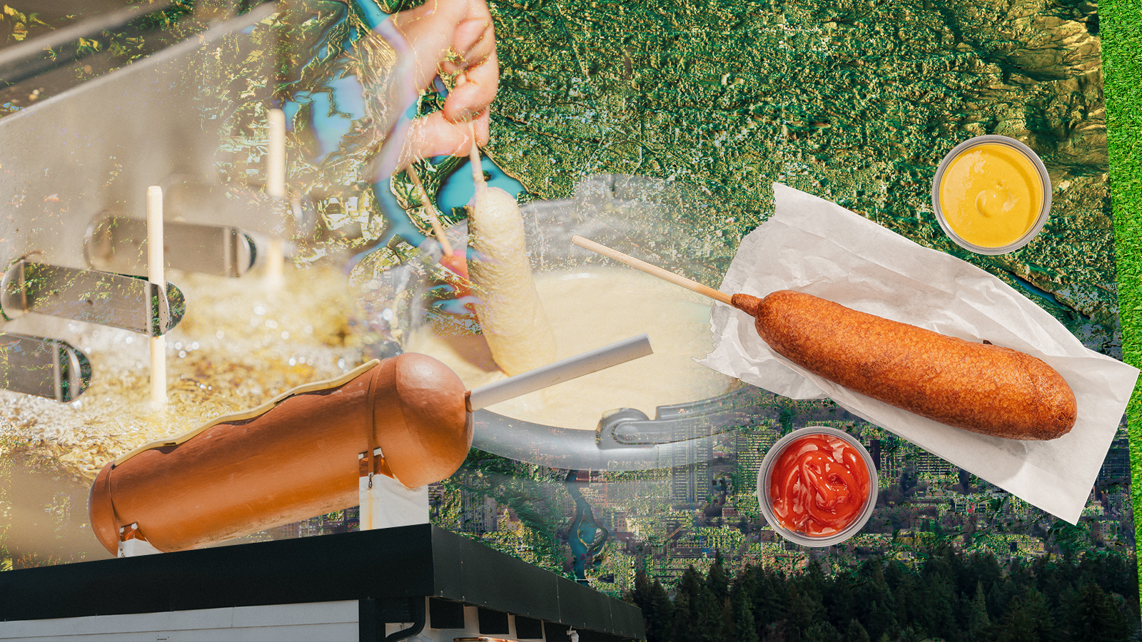 A collage of Pronto Pup images and ephemera, including two corn dogs being dipped into a bubbling fryer; a giant corn dog sign atop a Pronto Pup shop; a corn dog being swirled in yellow cornmeal batter; and a corn dog flanked by side cups of ketchup and mustard.