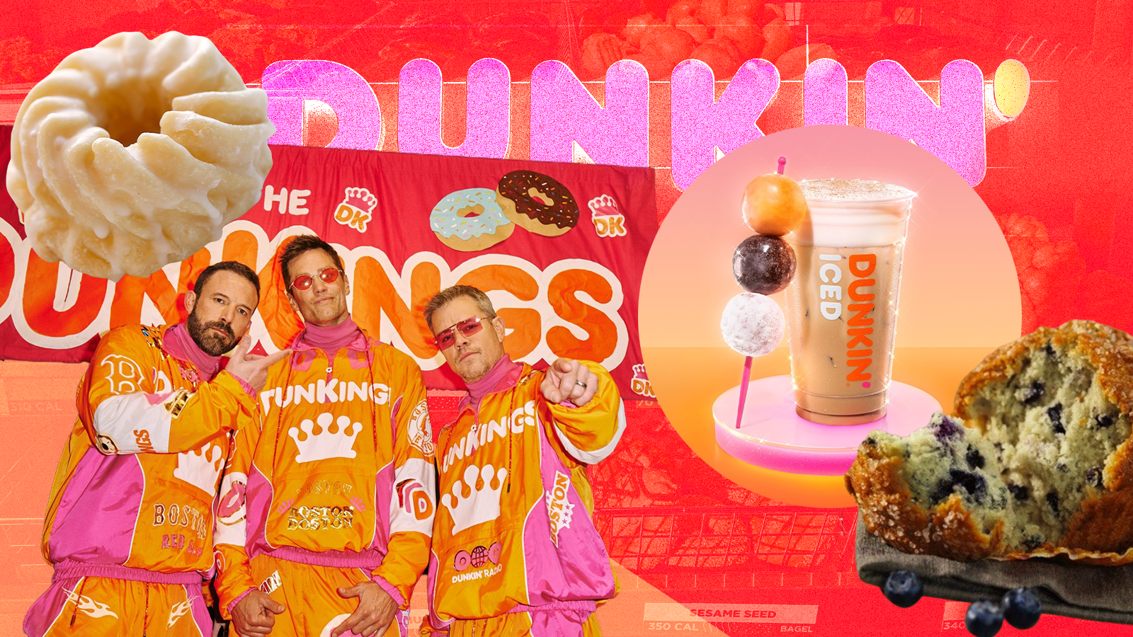 A photo collage of Dunkin’ signage and menu items in pink and orange hues.