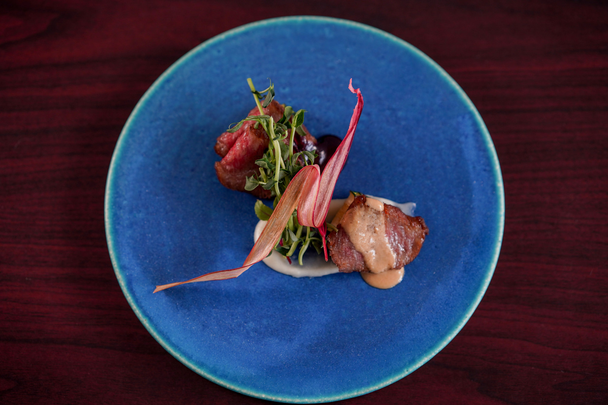 An elegantly plated dish of meat and thinly sliced radish.