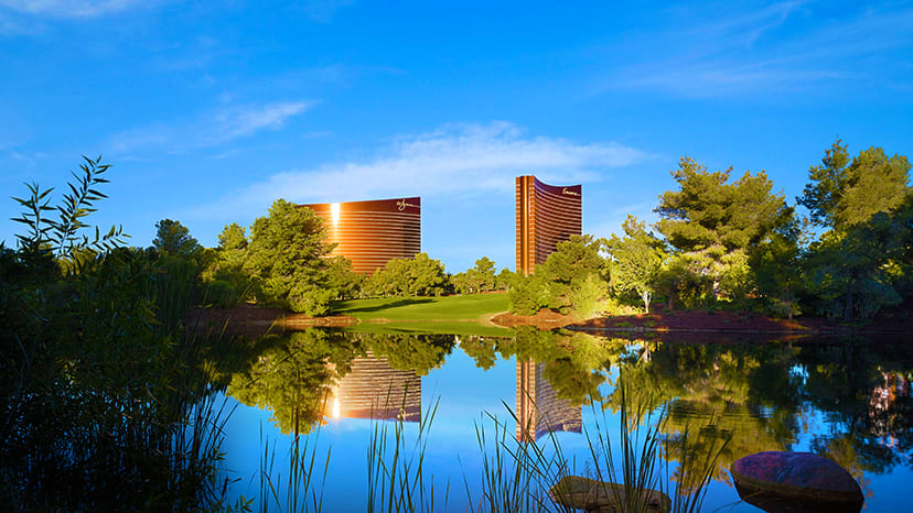 Wynn Las Vegas Golf Club with the Wynn Las Vegas and Encore Towers in the background.