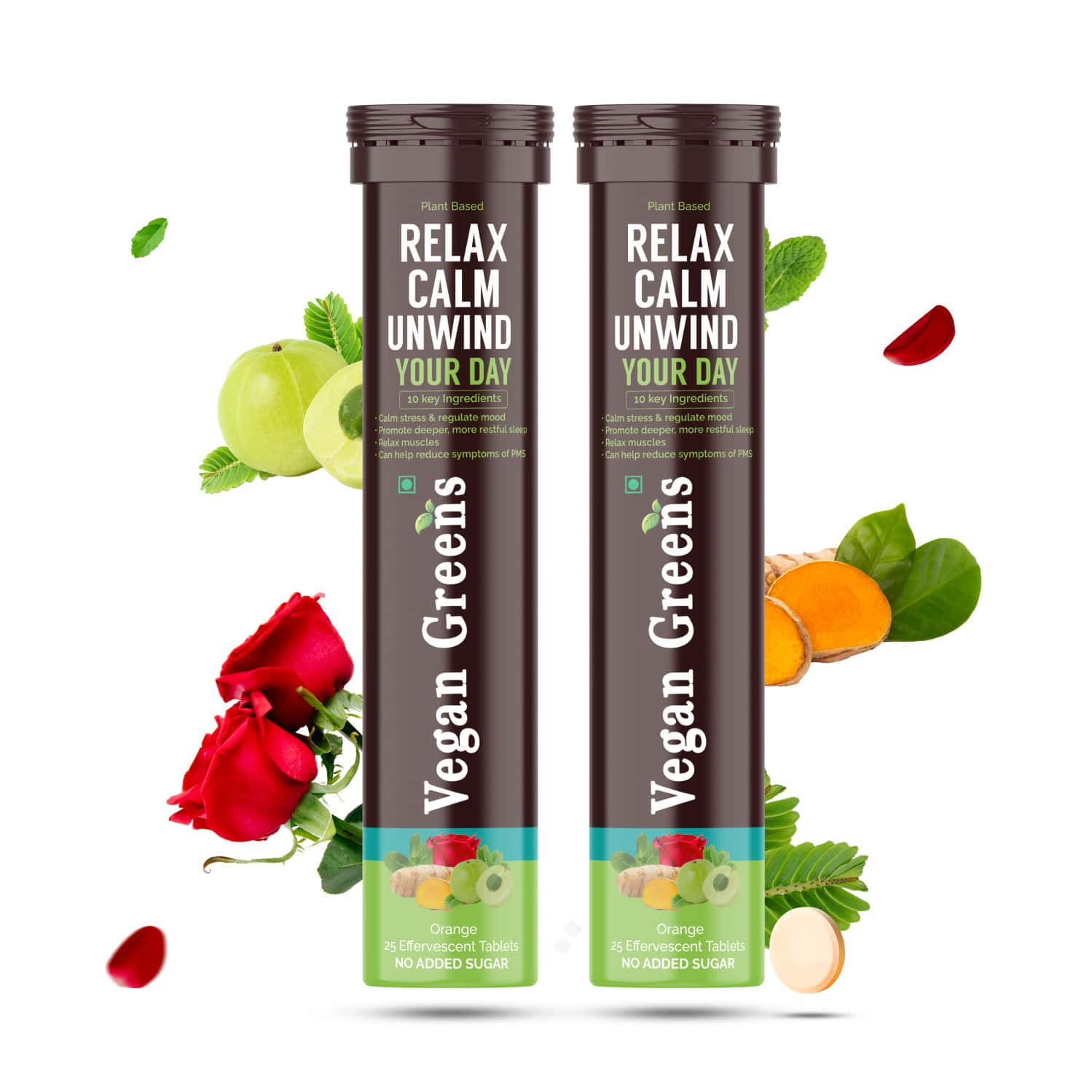 Vegan Greens Relax Calm Unwind Your Day. Calm Daily Stress, Better Mood &sleep 50 Effervesc., Orange