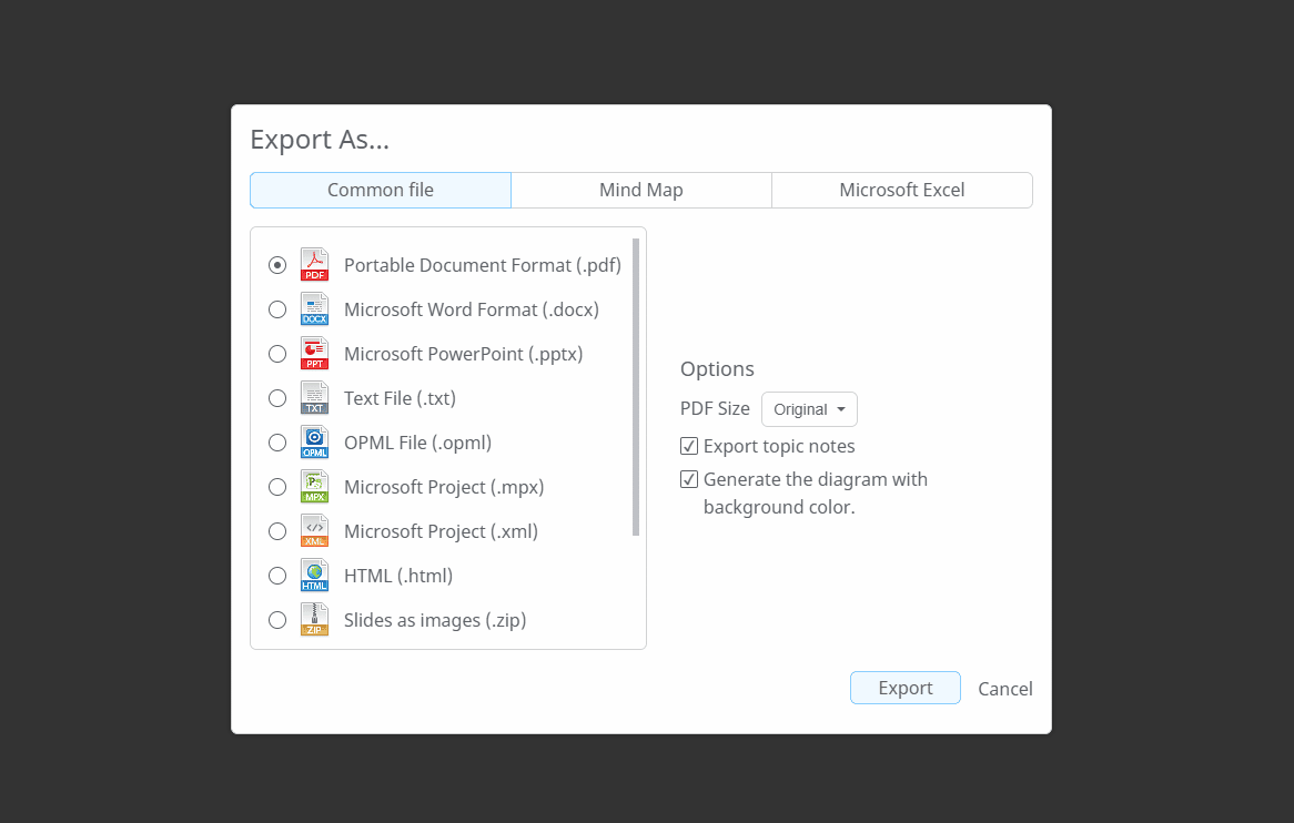 Mindomo diagram export formats