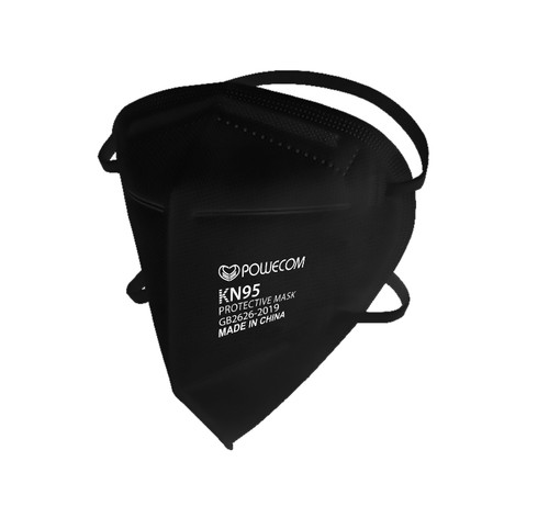 Black Powecom KN95 Face Mask Respirator that is FDA Approved and had headband straps that wrap around the head. This is from an angled front view showing profile and front of the face mask.