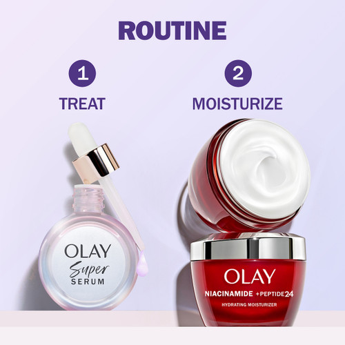 Facial treatment regimen: step one treat with Super serum. Step two: Moisturize with Olay Moisturizer Jar (Niacinamide + Peptide24)