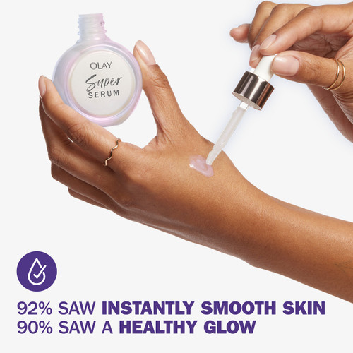 Olay Super Serum being applied in a hand using dropper lid.  Results of use show 92% saw instantly smooth skin and 90% saw a healthy glow.