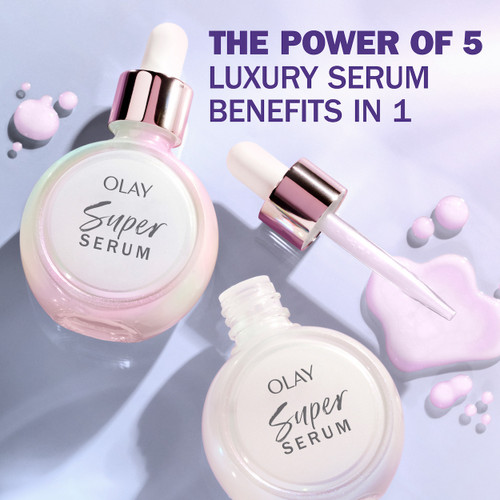 Open and close jars of Olay super serum with Dropper and product.  This serum provides the benefit of 5 luxury serum in one jar.