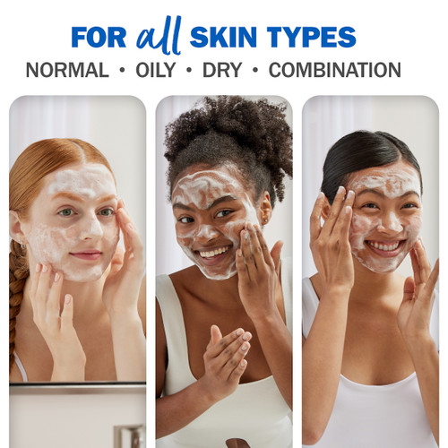 3 separate images of models applying Cleaning Melts to face. For all skin types. Normal, oily, dry, combination.
