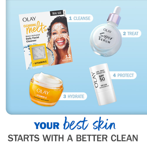 Your best skin starts with a better clean. 1 Cleanse, Showing a box of Cleansing Melts. 2 treat showing a bottle of Super Serum. 3 Hydrate showing a jar of Vitamin C Face Moisturizer. 4 Protect showing a bottle of SPF 50 sunscreen