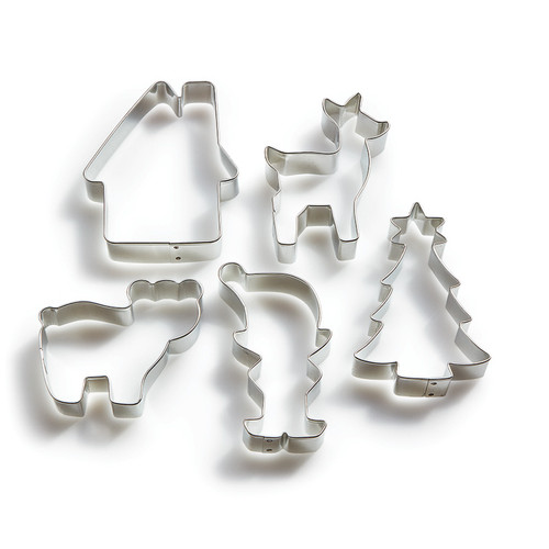 5 tin cookie cutters in the shape of Christmas Tree with Star, Deer, Bear, Elf, and Gingerbread House