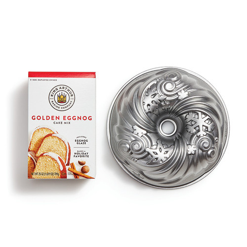 Eggnog Cake and Let It Snow Bundt Pan Set. box of eggnog cake mix and let it snow bundt pan side by side