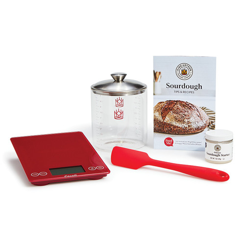 A to Z Sourdough Set including Red Glass Kitchen Scale, red Spectacular Spatula, Glass Sourdough Crock with silver lid, Sourdough Starter, and Sourdough Tips and Recipes Guide