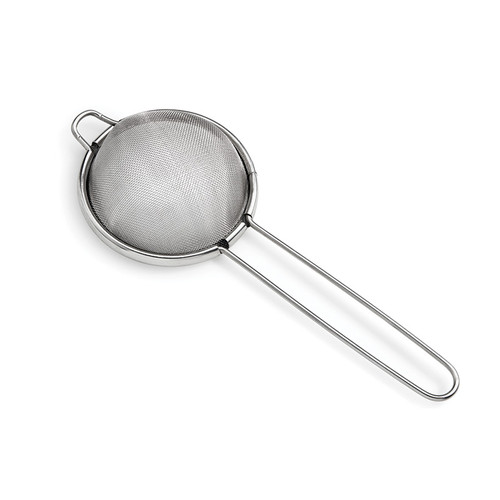 Stainless steel duster with fine mesh round in shape with handle. View from the bottom.