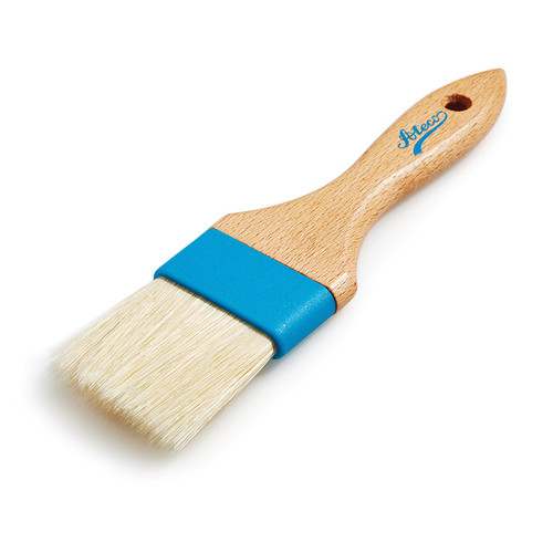 Pastry brush. tan colors wooden handle and light colored bristles. Blue stripe above bristles.