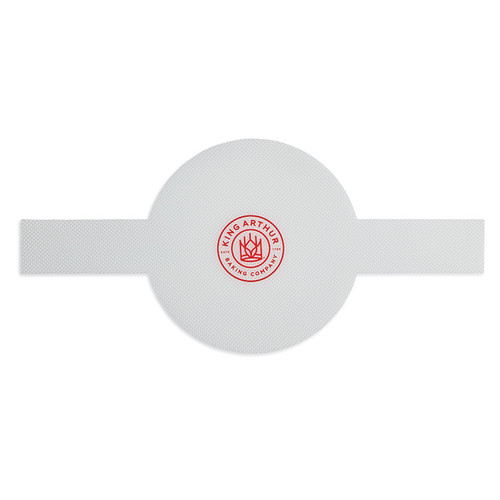 White round Loaf Lifter with red King Arthur Baking logo in the center. 2 white long narrow tabs on the sides.