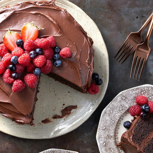 Chocolate cake with frosting and berries made with Gluten-Free Chocolate Cake Mix