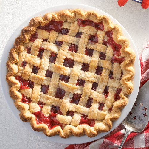 Cherry pie with lattice top crust made with Blake Hill Montmorency Tart Cherry Pie Filling